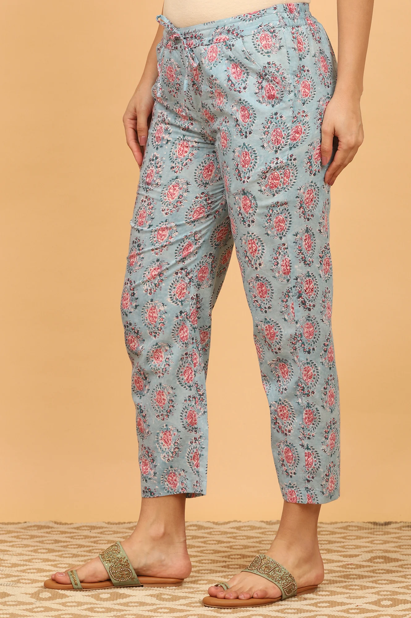 Blue Handblock Printed Straight Pants - Image 3