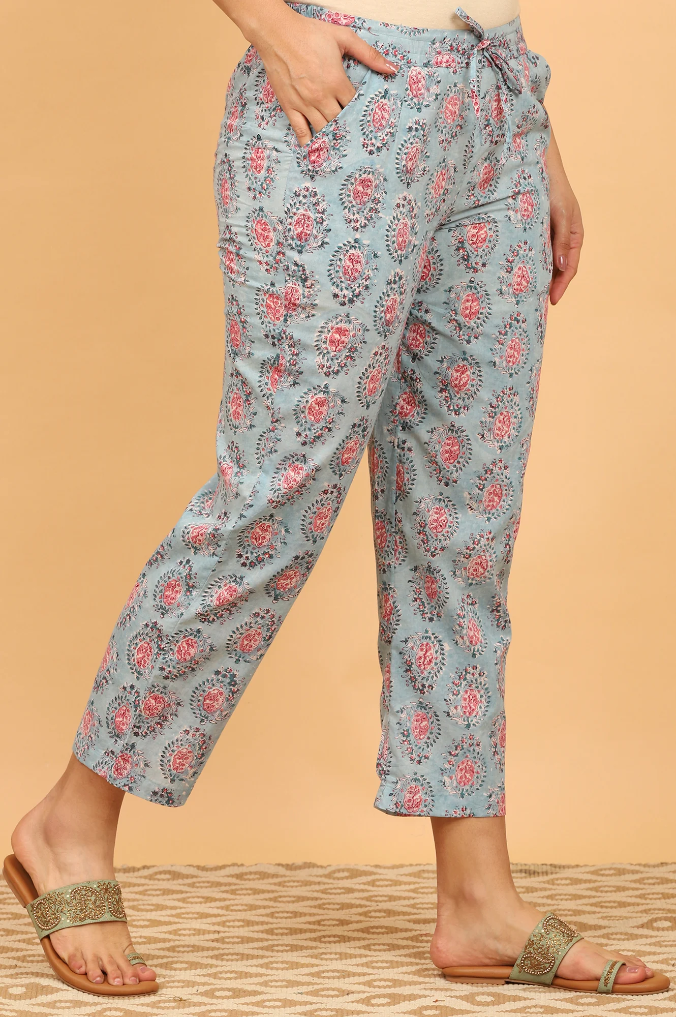 Blue Handblock Printed Straight Pants - Image 5