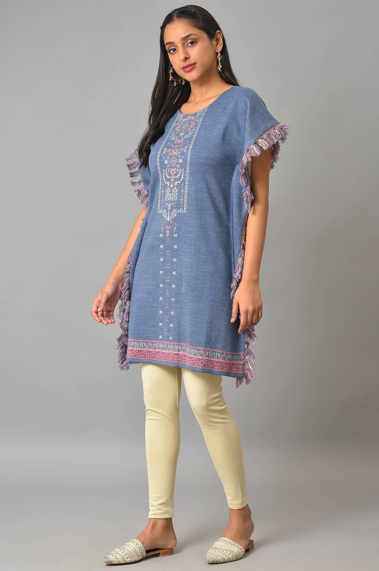 Blue Jacquard Short Winter Kaftan kurta - Image 3