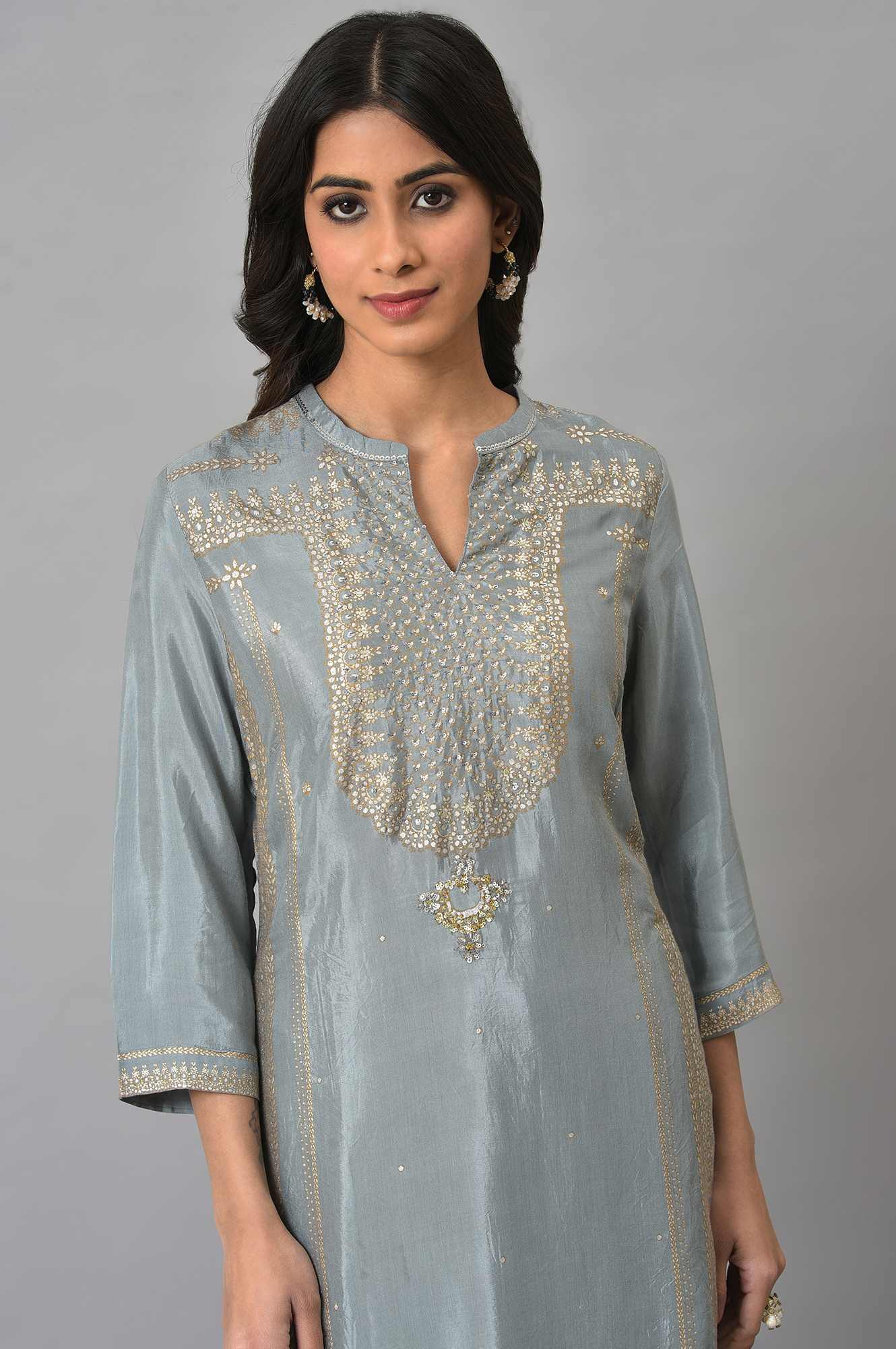 Blue Khadi Print kurta with Sequin - Image 5
