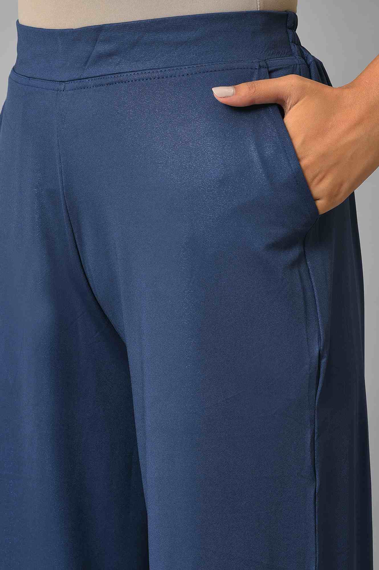 Elleven Women's Blue Solid Straight Fit Palazzo With Side Pockets - Image 7