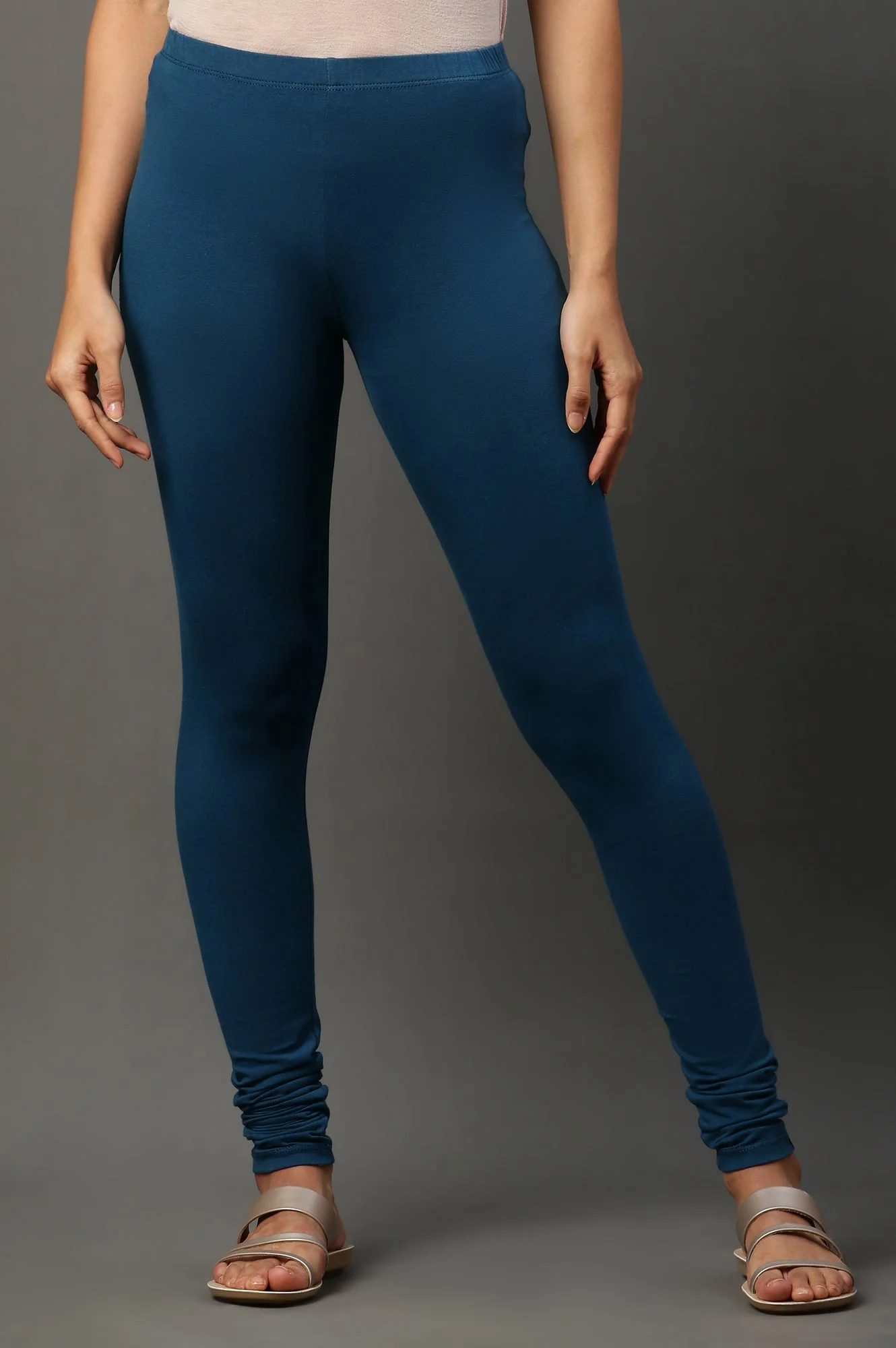 Elleven Women's Blue Solid Skinny Fit Cotton Tights With Elasticated Waistband