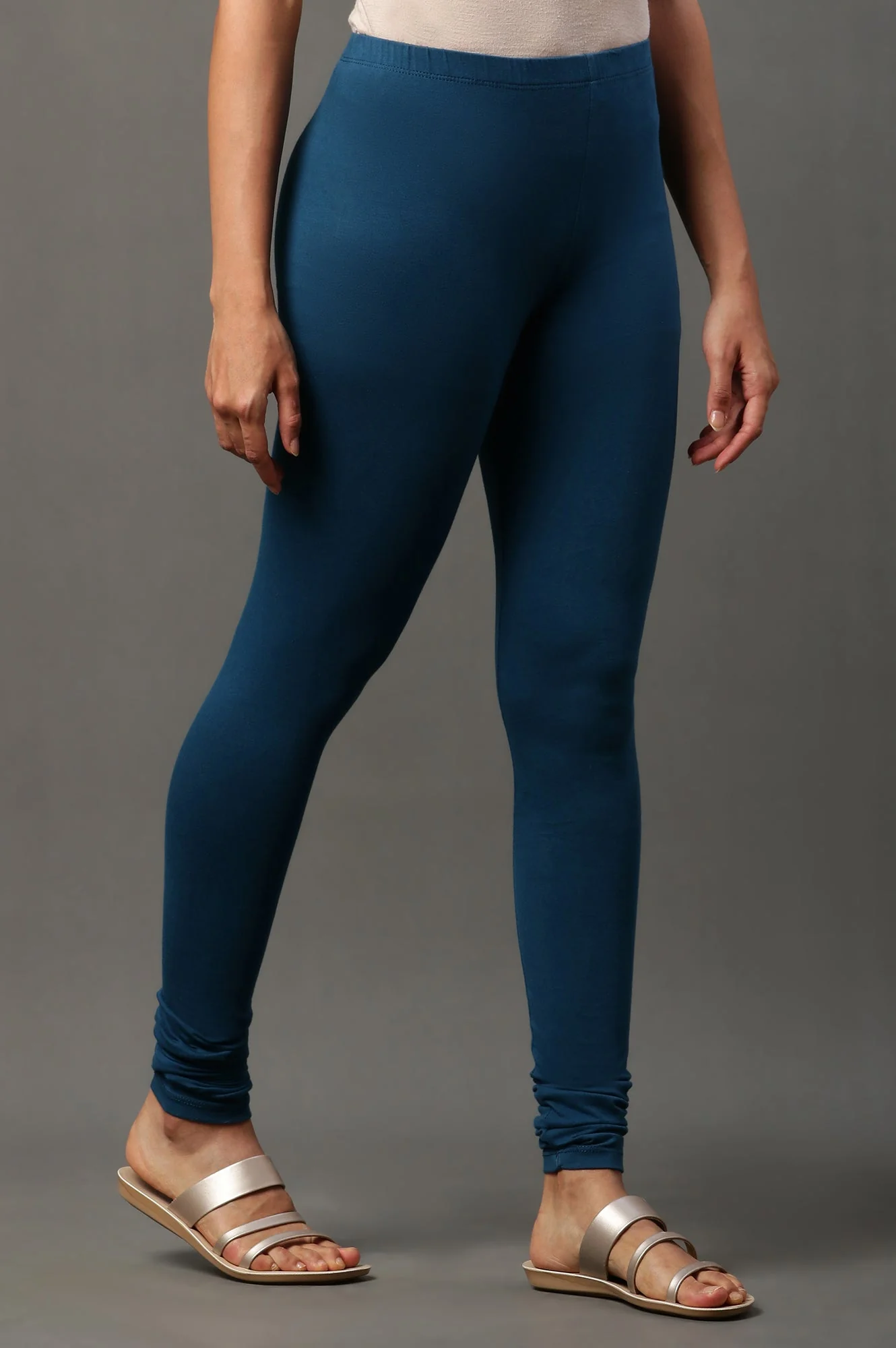 Elleven Women's Blue Solid Skinny Fit Cotton Tights With Elasticated Waistband - Image 4