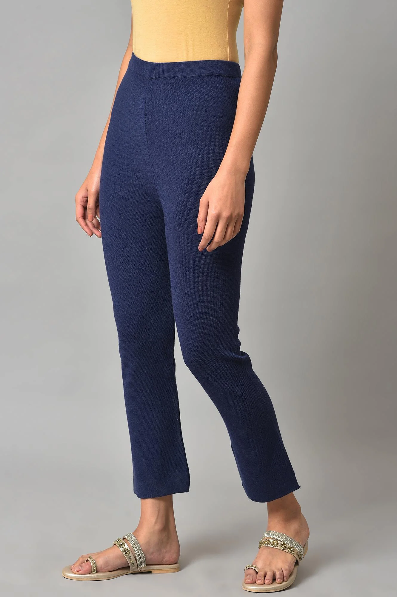 Blue Knitted Women Straight Pants - Image 3