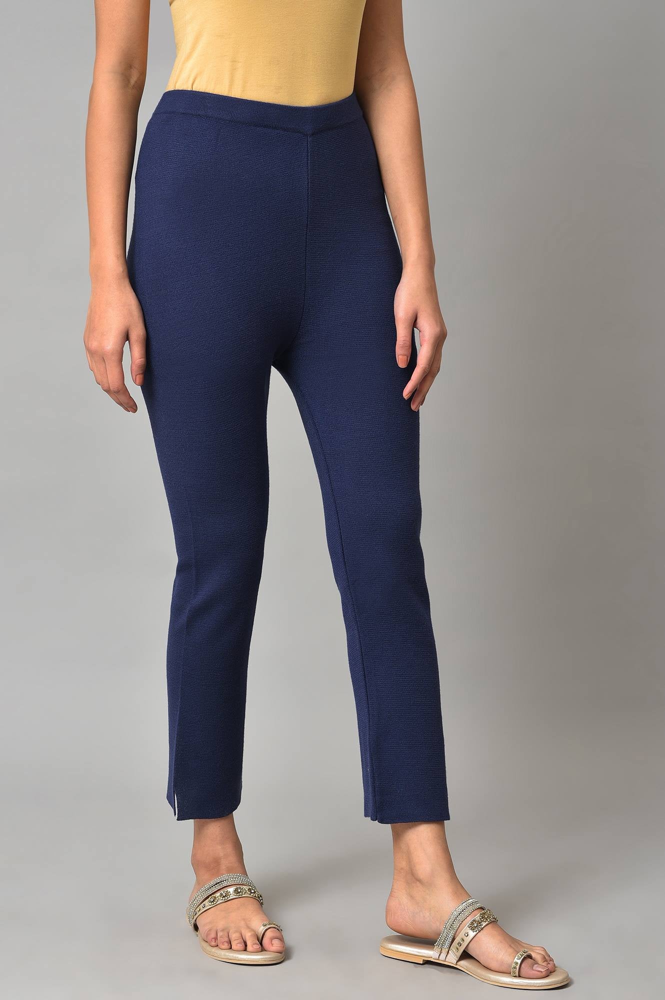 Blue Knitted Women Straight Pants - Image 4