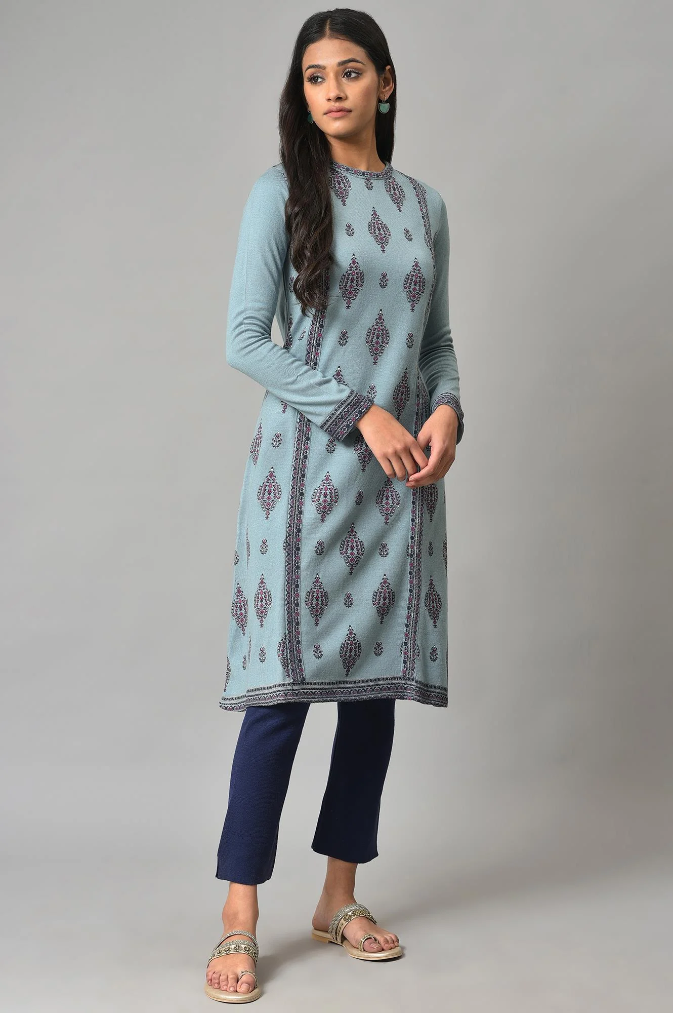 Blue Knitted Women Straight Pants - Image 5