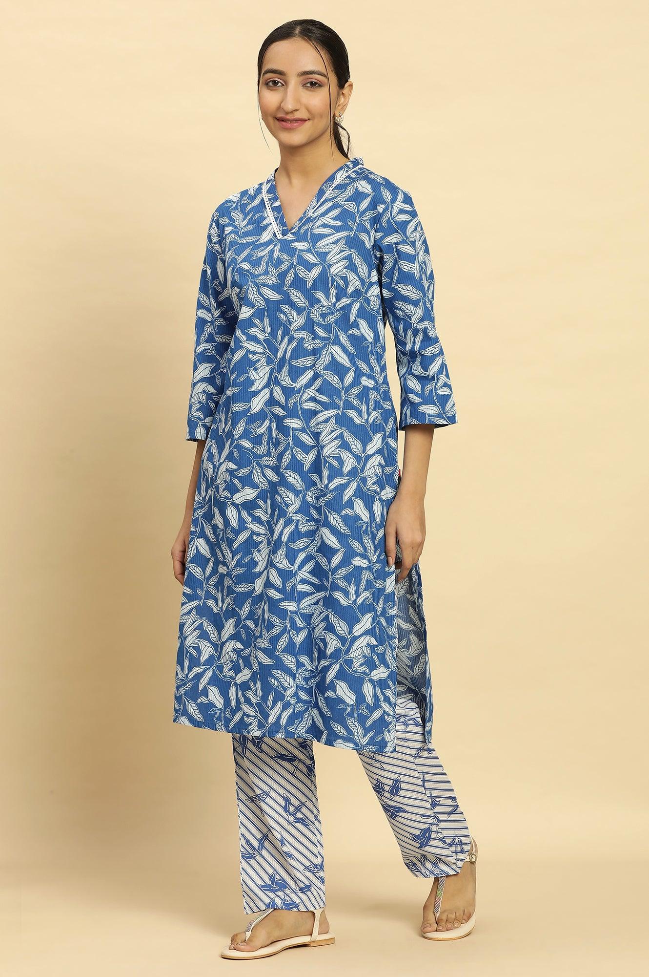 Blue Leaf Printed Straight Kurta And Pants Set - Image 3