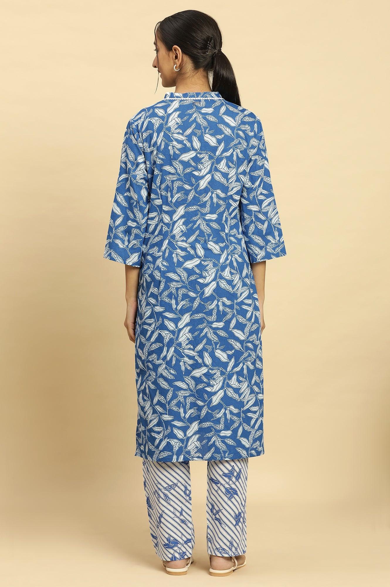 Blue Leaf Printed Straight Kurta And Pants Set - Image 4