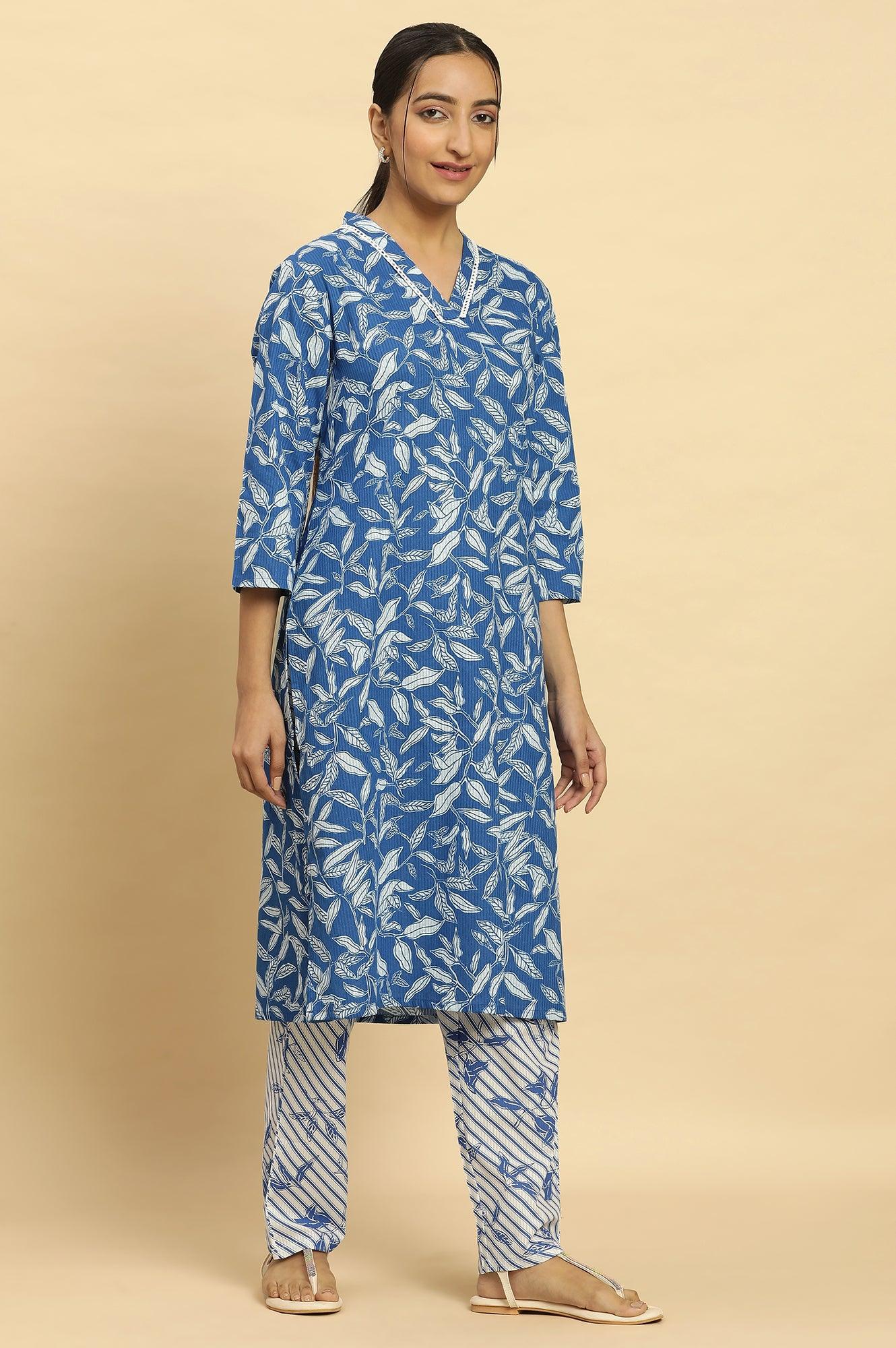 Blue Leaf Printed Straight Kurta And Pants Set - Image 5