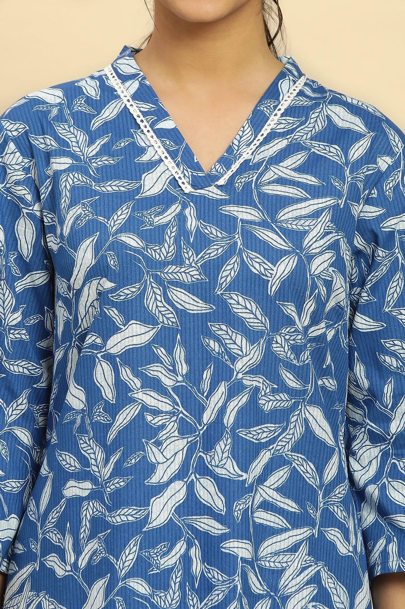 Blue Leaf Printed Straight Kurta And Pants Set - Image 6