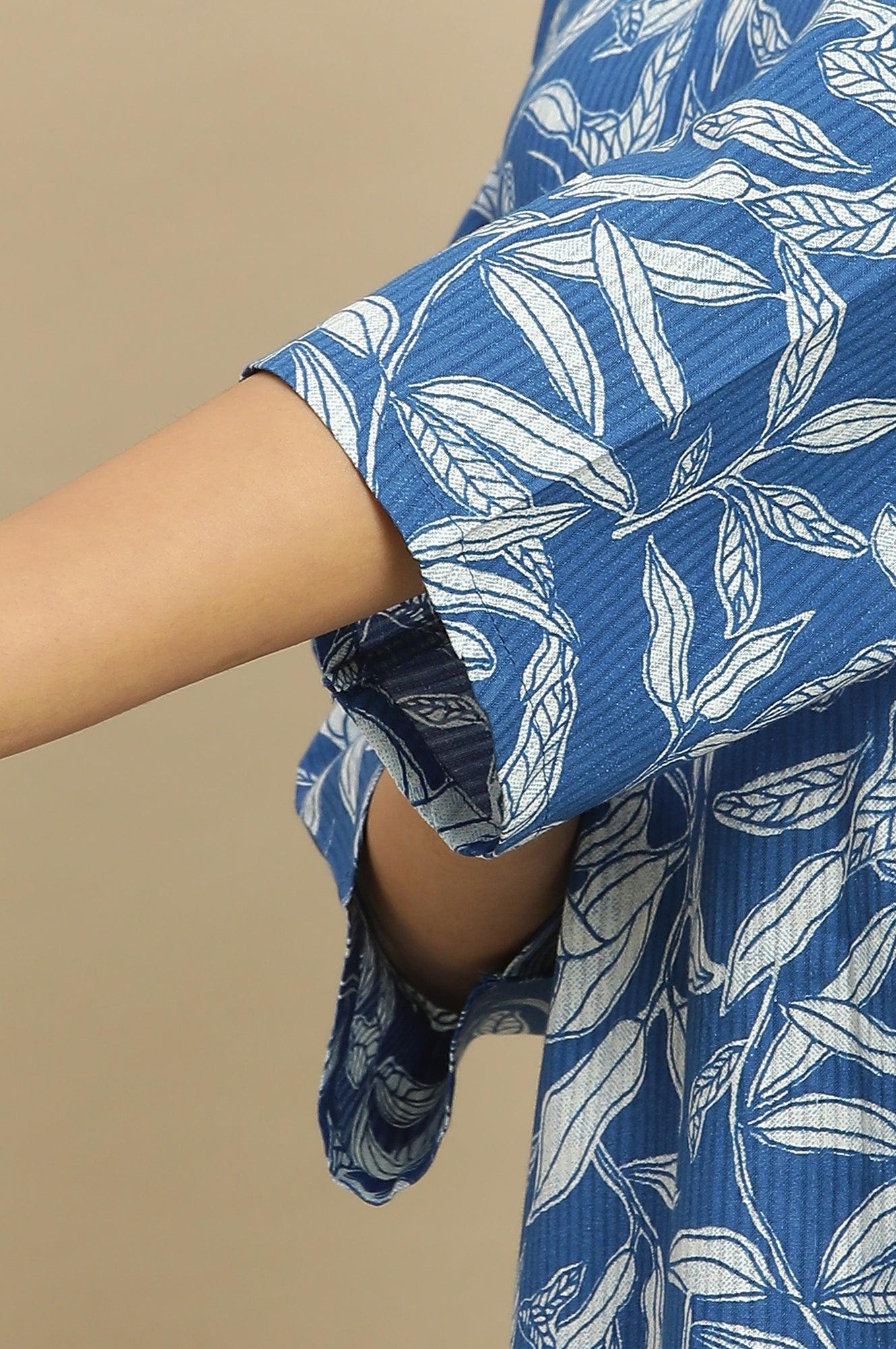 Blue Leaf Printed Straight Kurta And Pants Set - Image 7