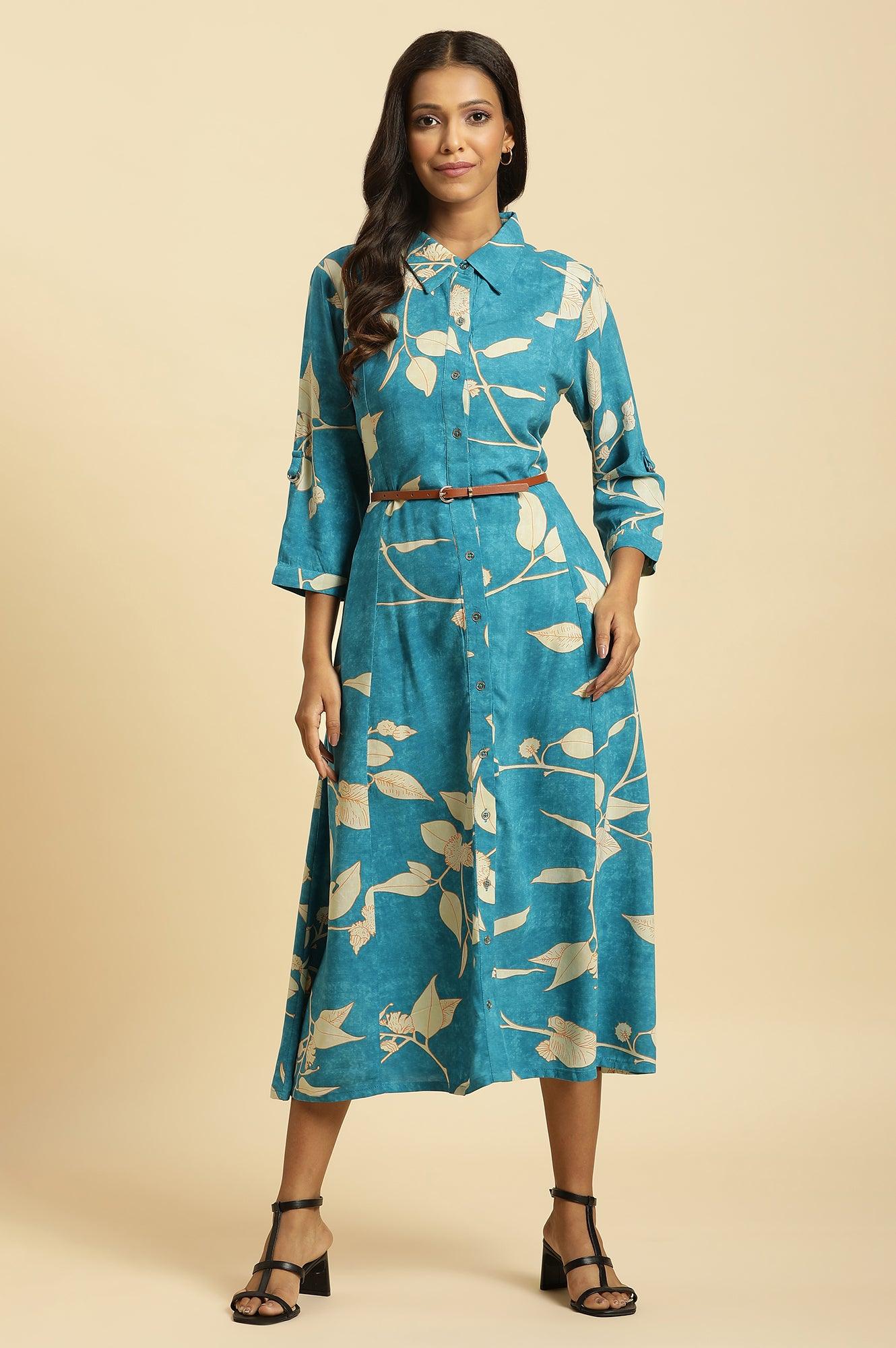 Blue Long Shirt Dress In Abstract Print - Image 2
