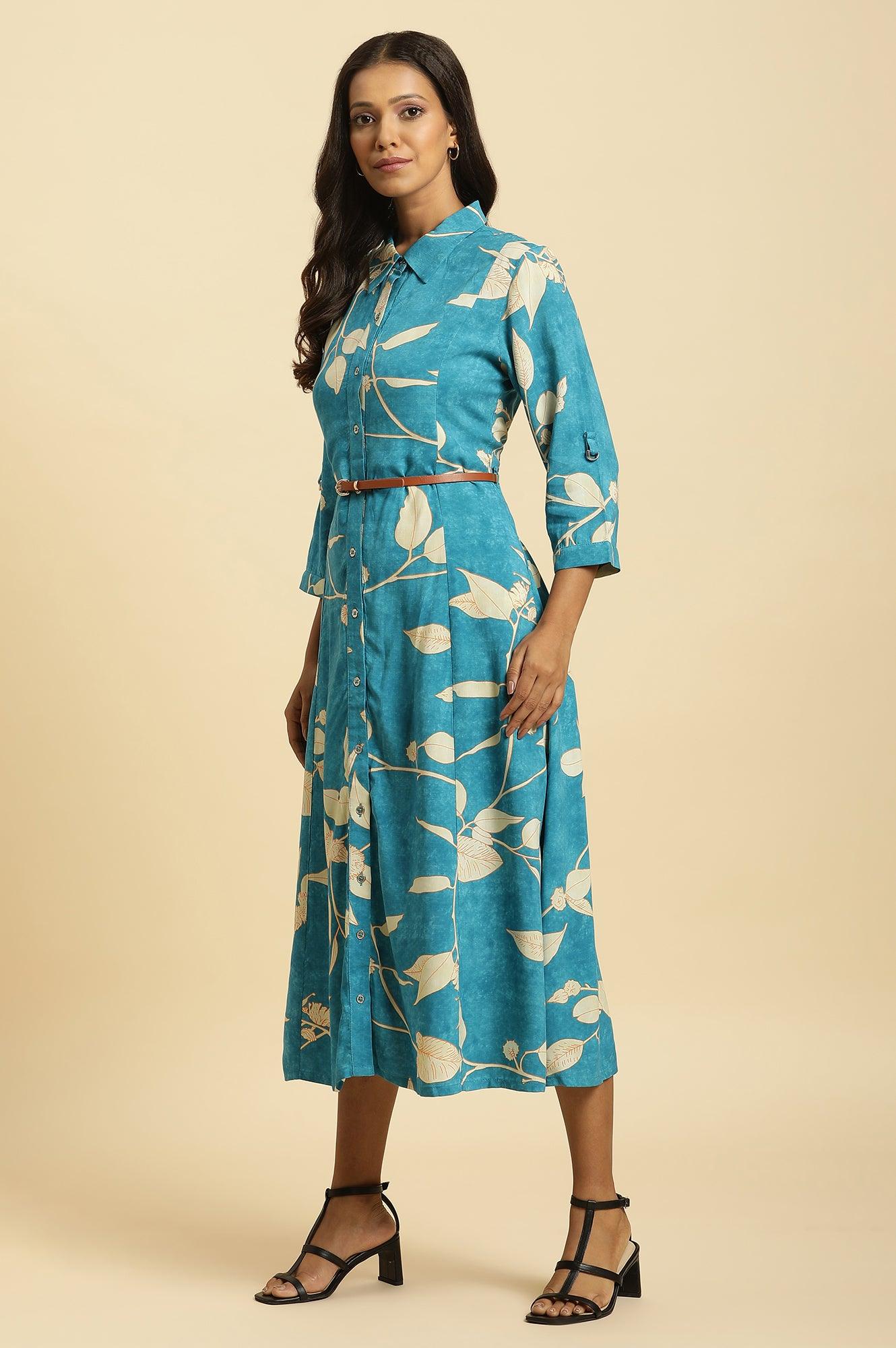 Blue Long Shirt Dress In Abstract Print - Image 3
