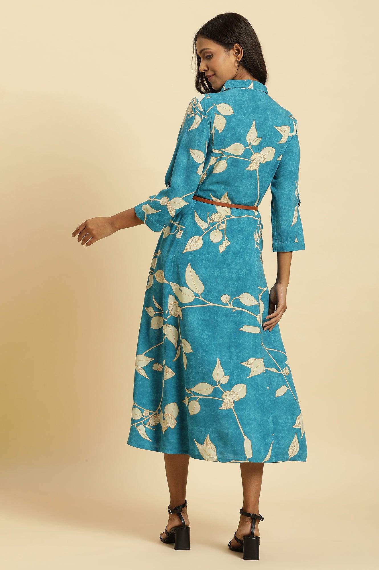 Blue Long Shirt Dress In Abstract Print - Image 4