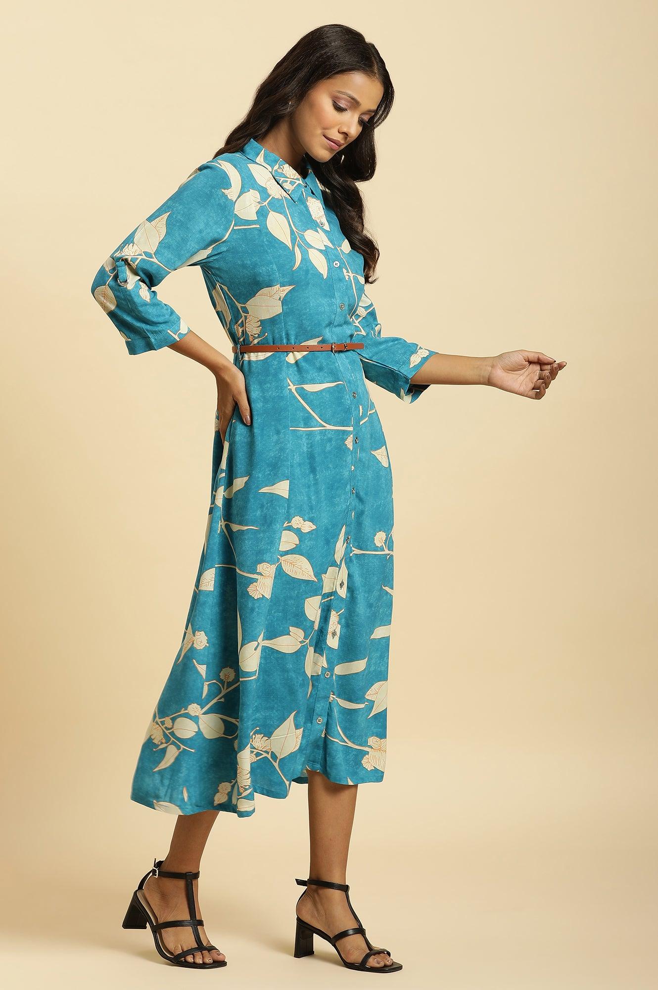 Blue Long Shirt Dress In Abstract Print - Image 5