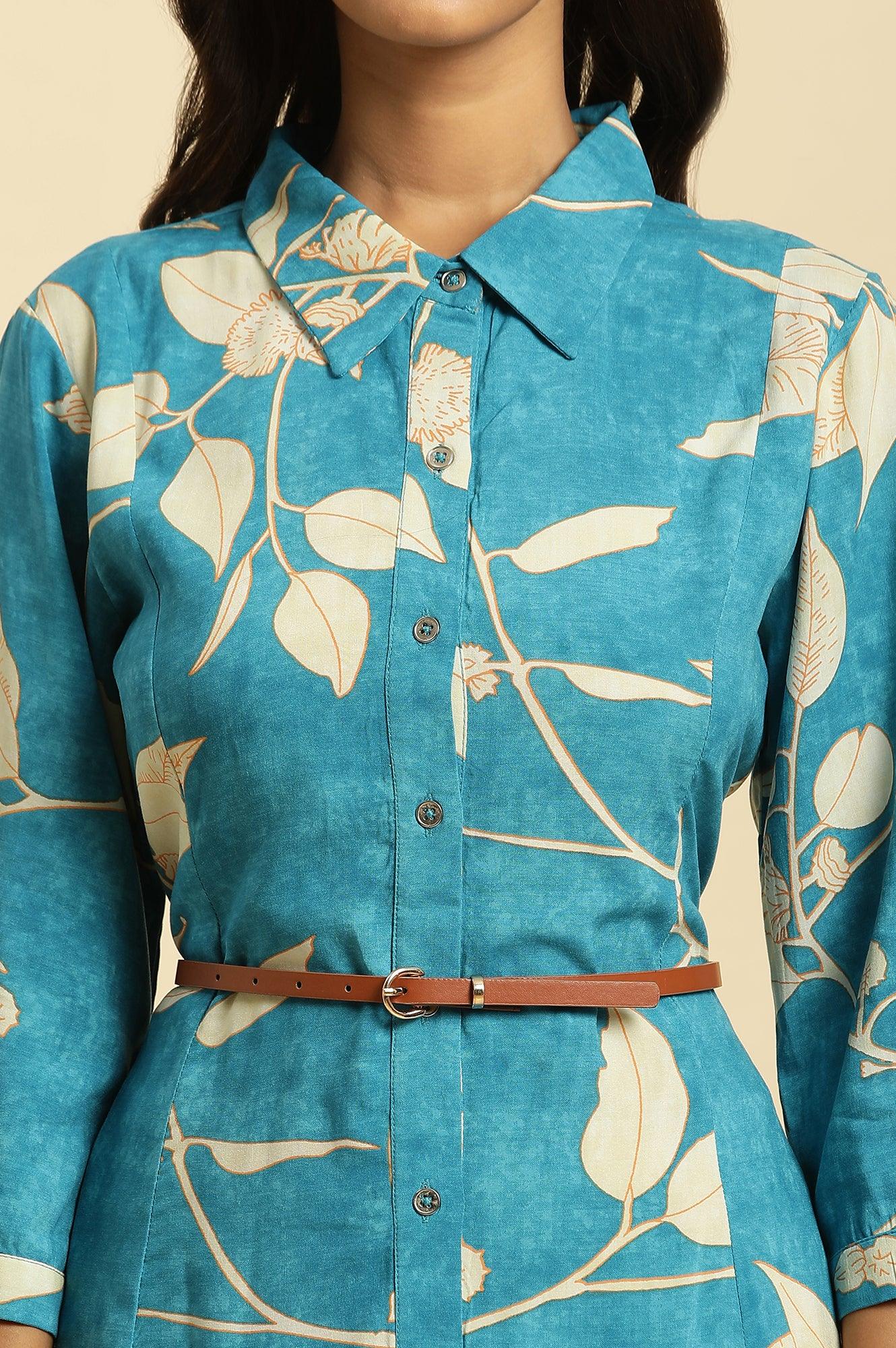 Blue Long Shirt Dress In Abstract Print - Image 6
