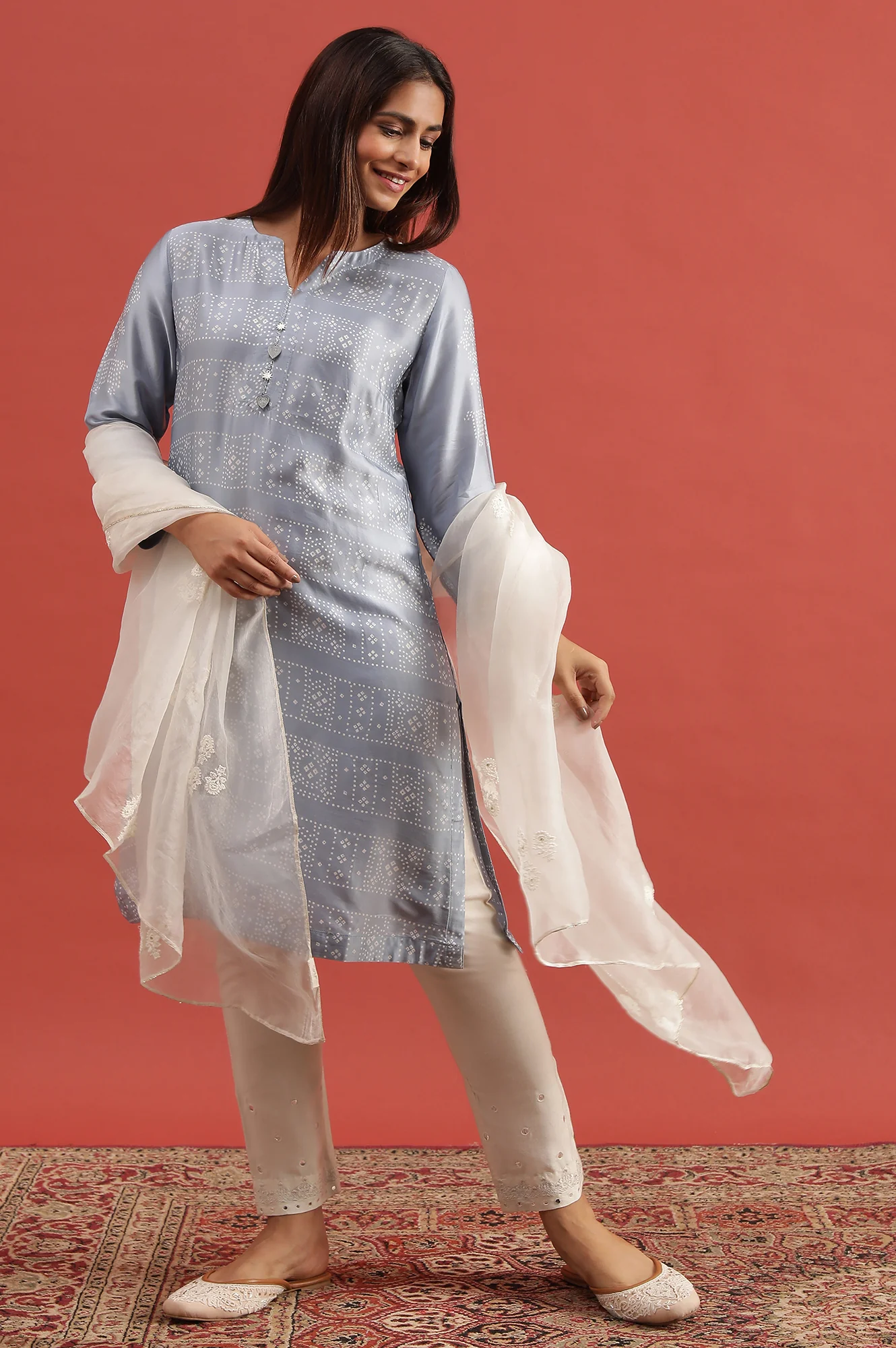Blue Lustrous Hand Block Print Satin Kurta - Image 5
