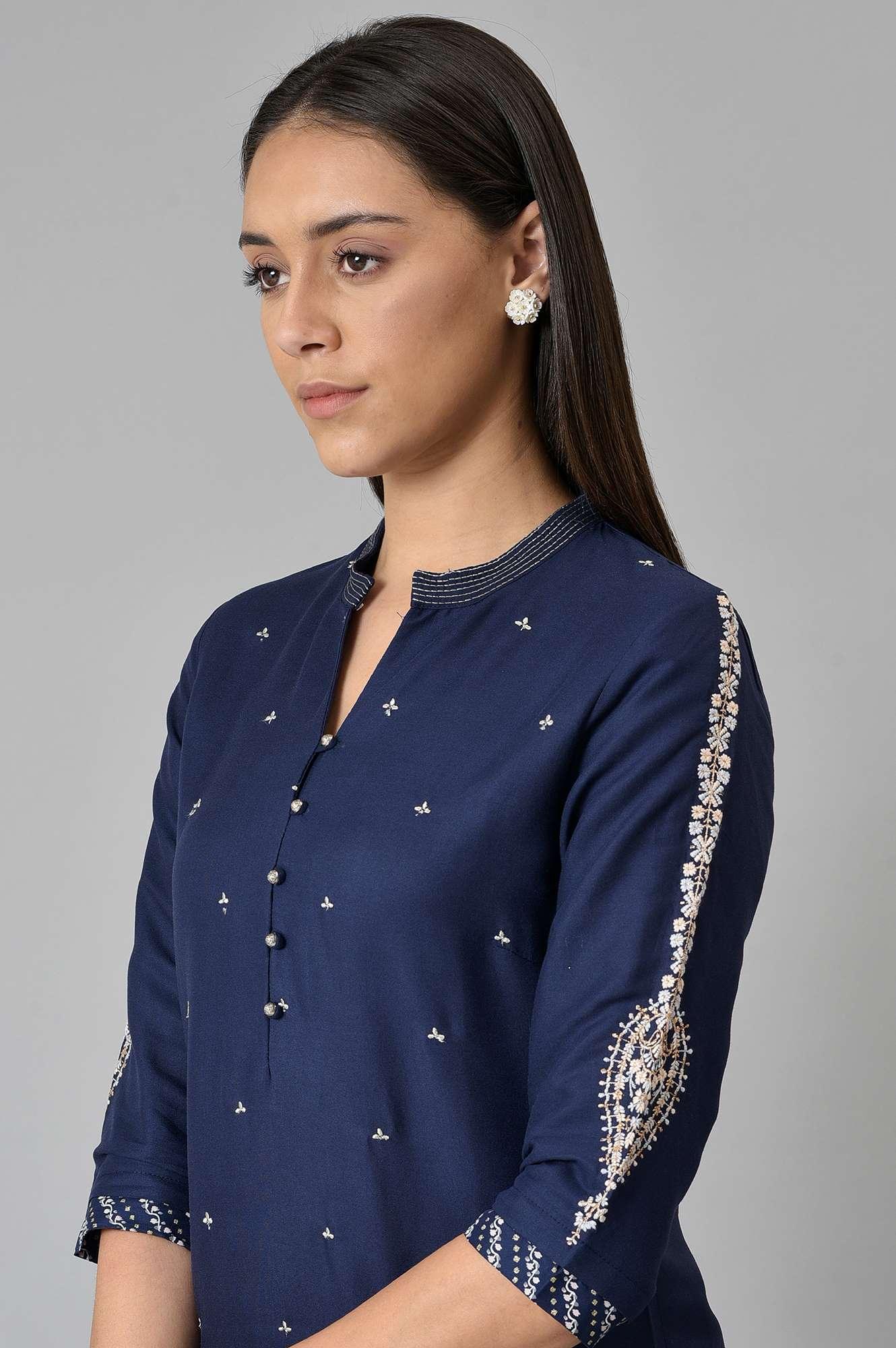 Blue Metallic Embroidered Button Down kurta - Image 6