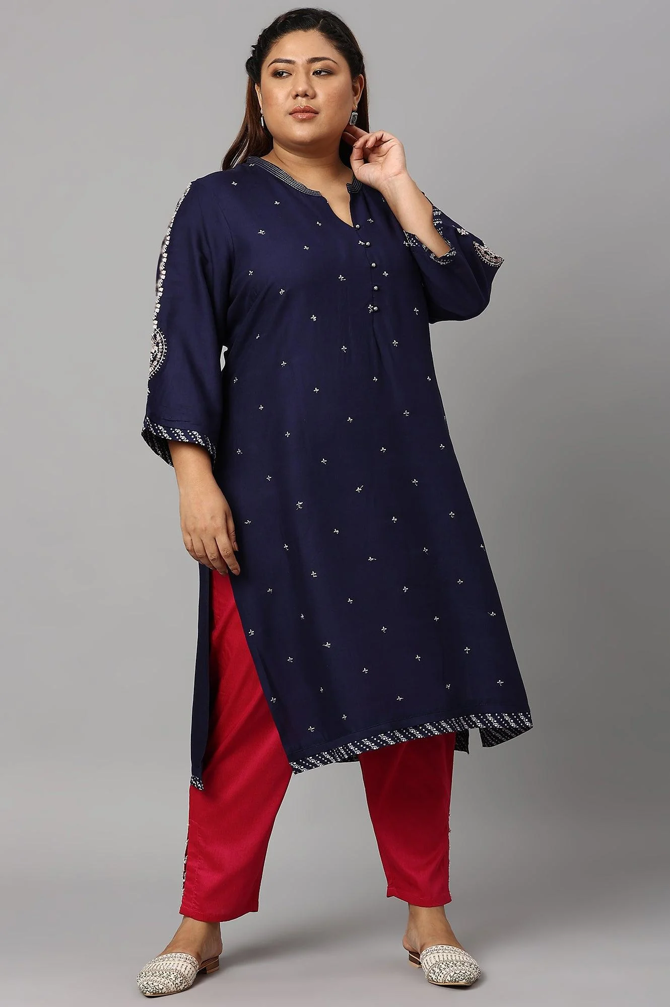 Blue Metallic Embroidered Button Down Plus Size kurta - Image 6