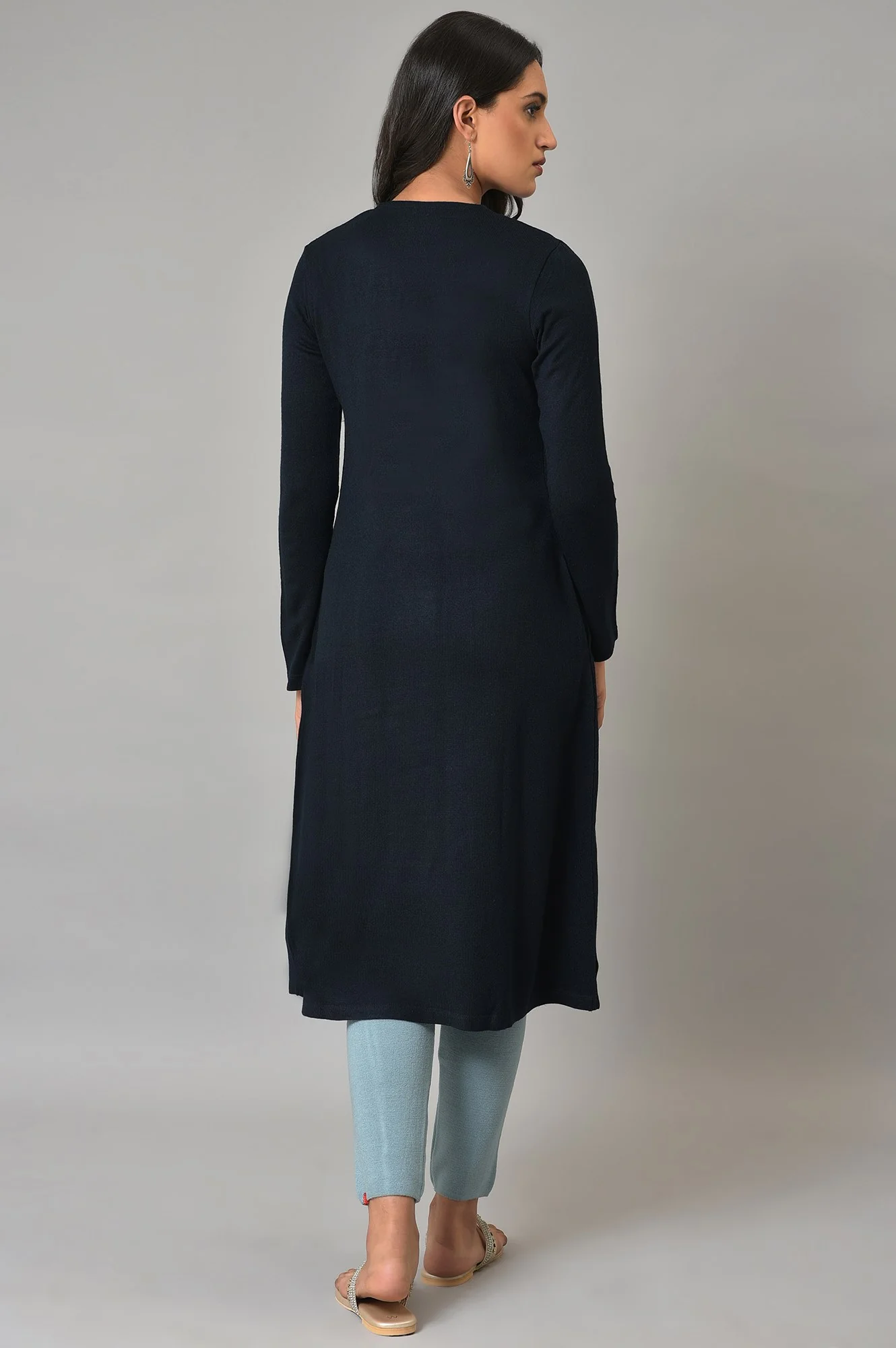 Blue Mock Jacket Winter Dress With Sequins Edge - Image 2