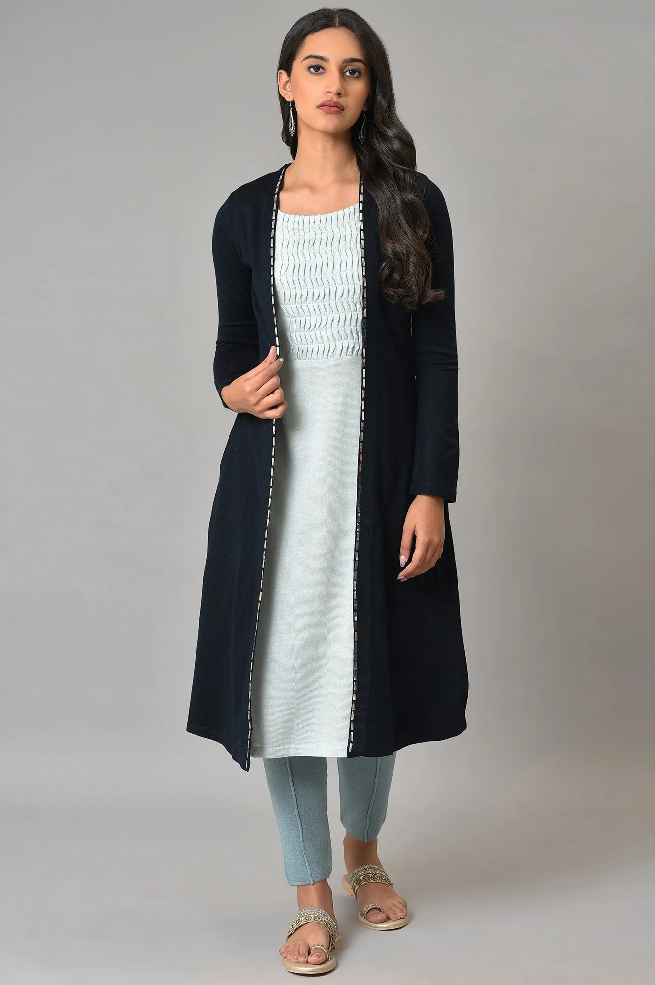 Blue Mock Jacket Winter Dress With Sequins Edge - Image 6