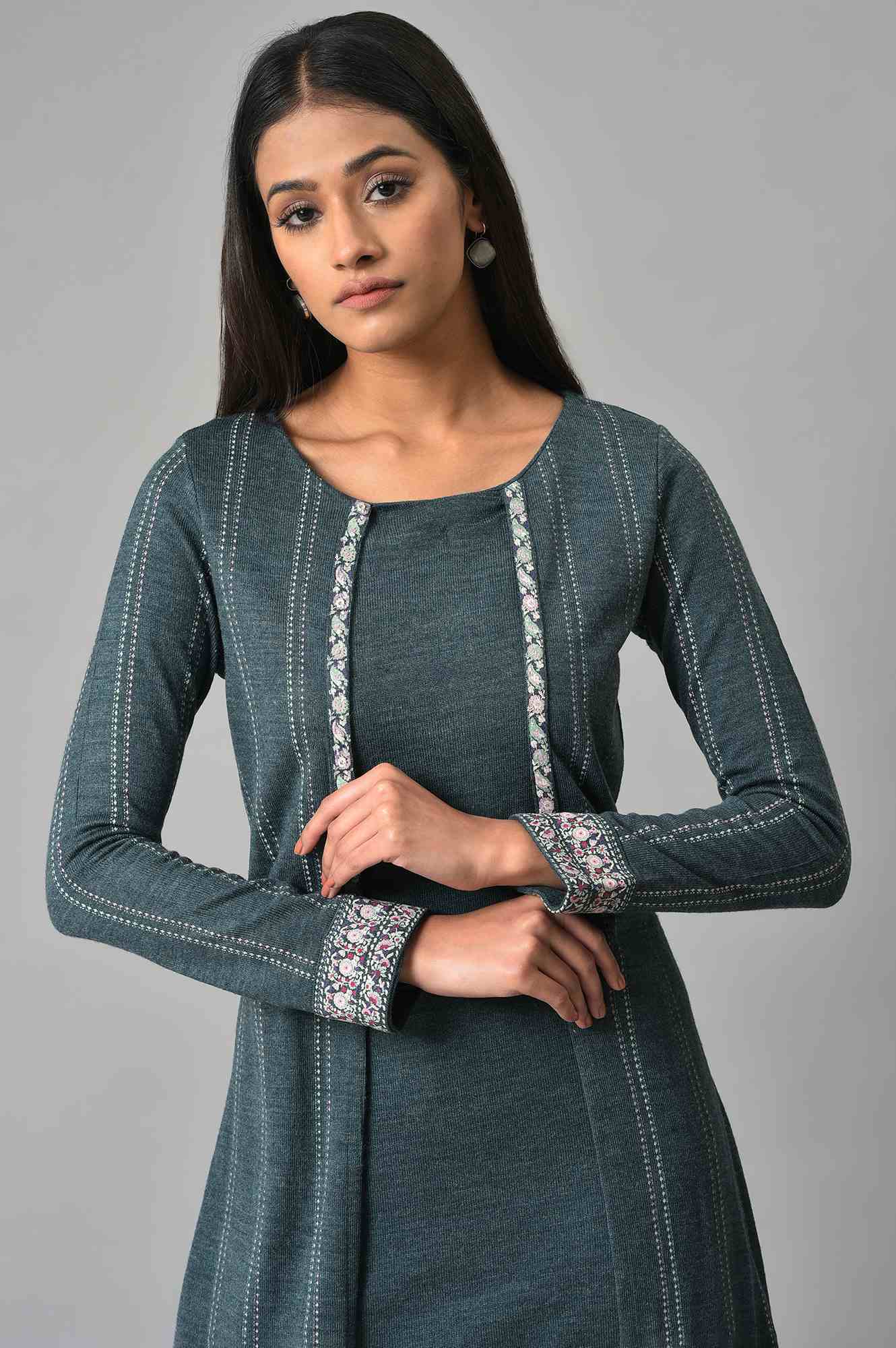 Blue Mock Layer Printed Winter kurta - Image 5