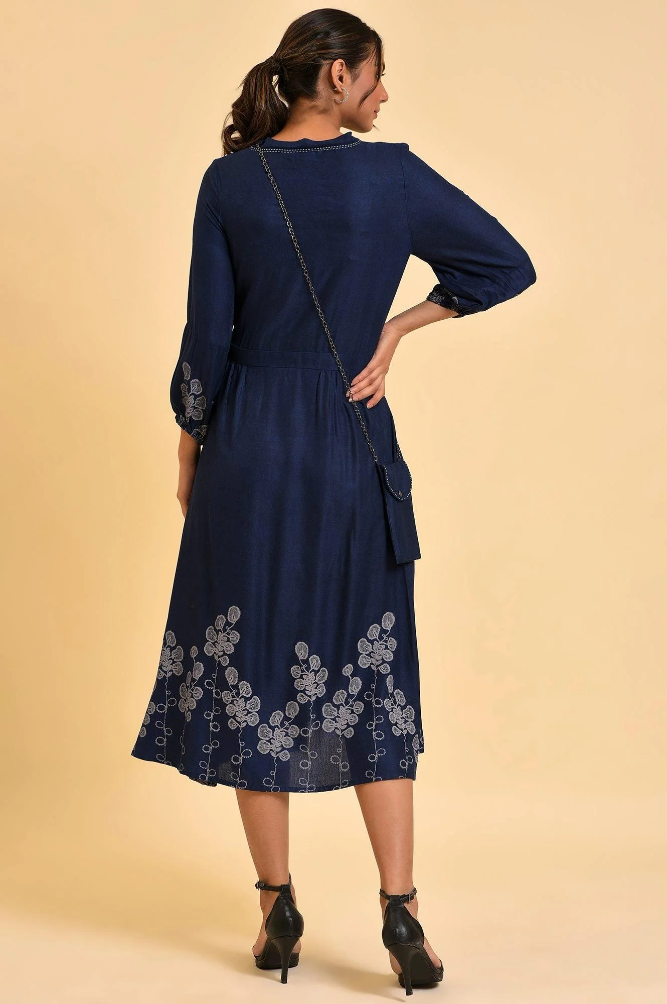 Blue Mock Layer Western Dress With Slim Bag - Image 2