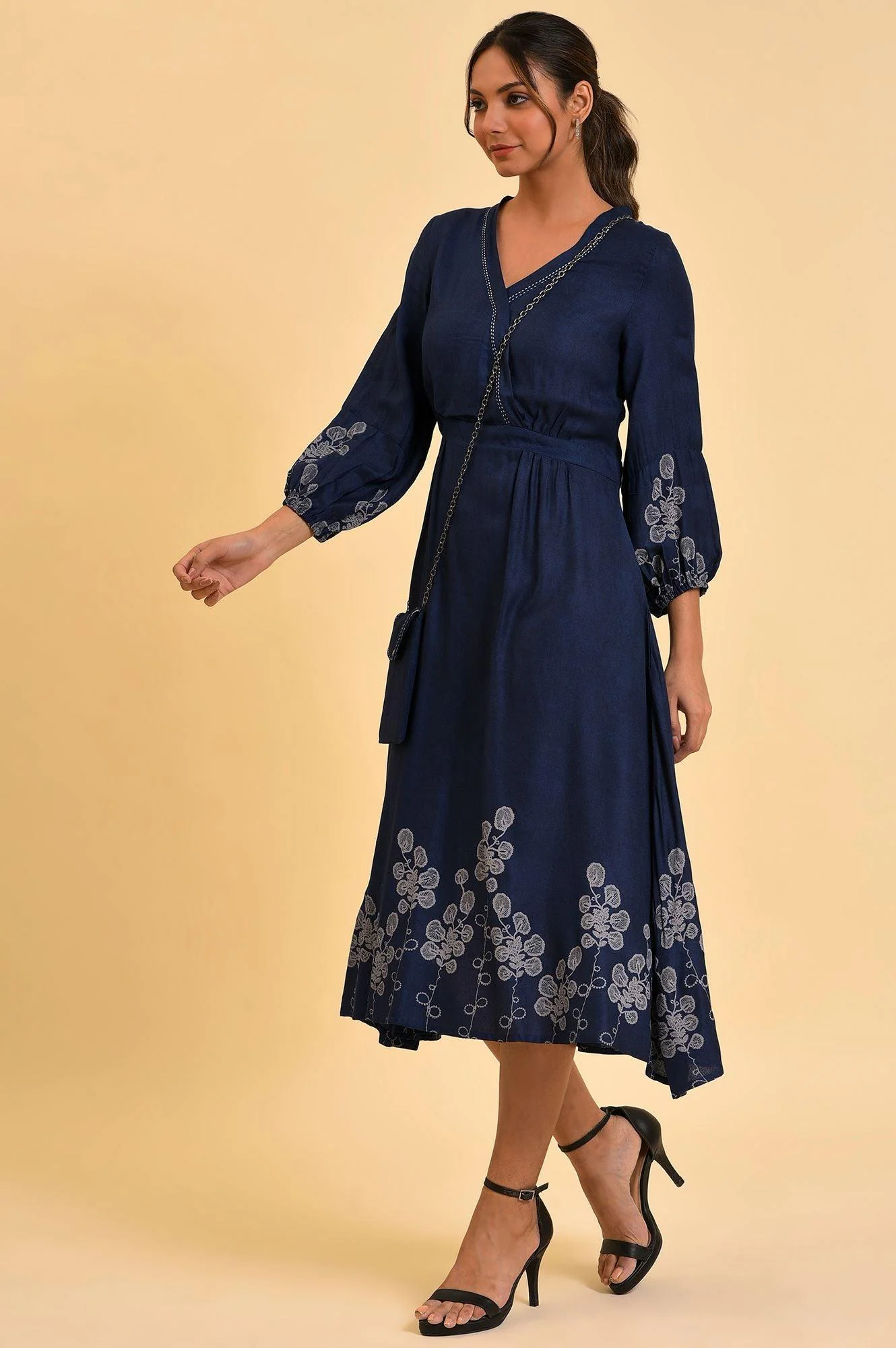 Blue Mock Layer Western Dress With Slim Bag - Image 3