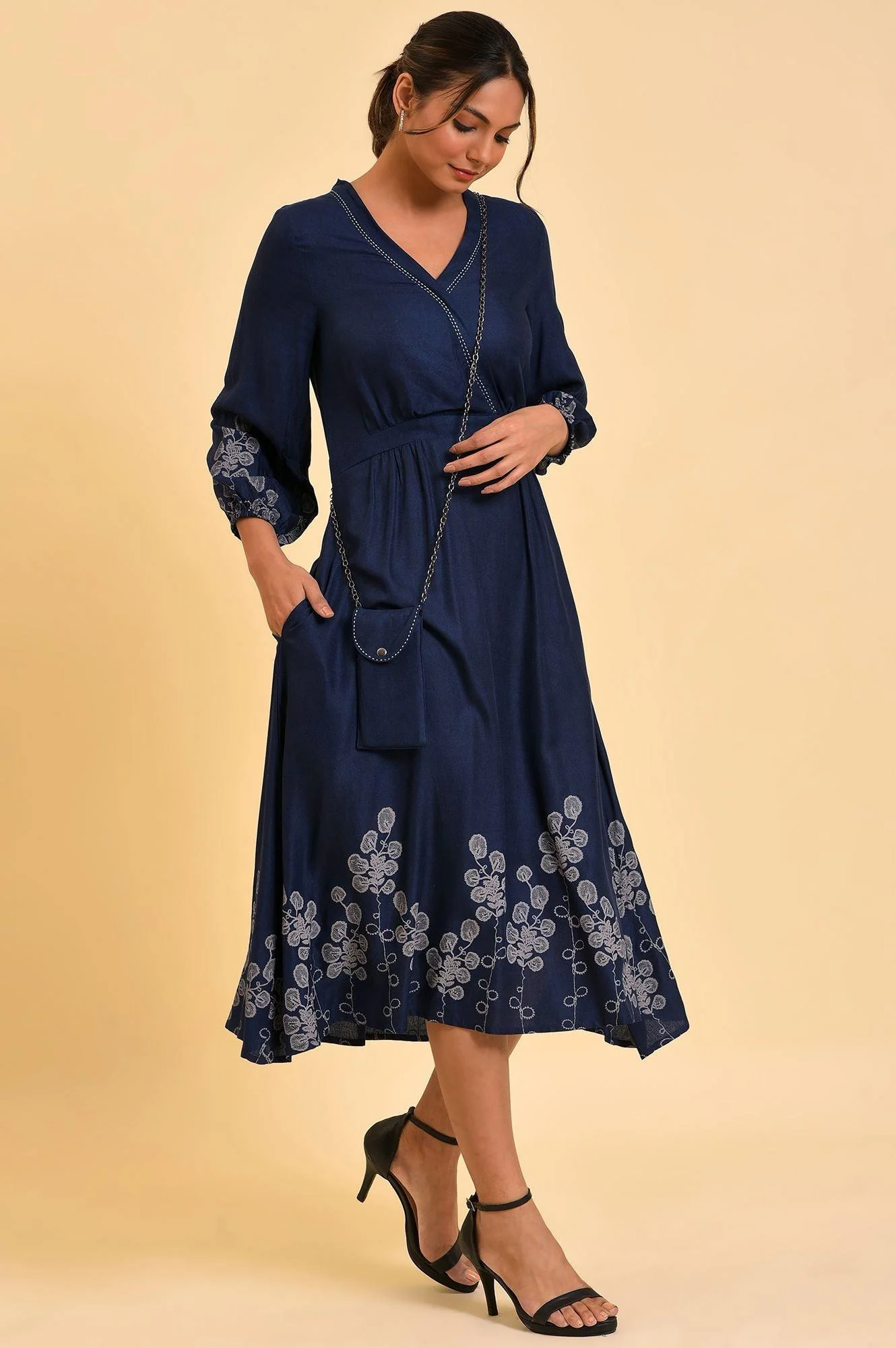 Blue Mock Layer Western Dress With Slim Bag - Image 4