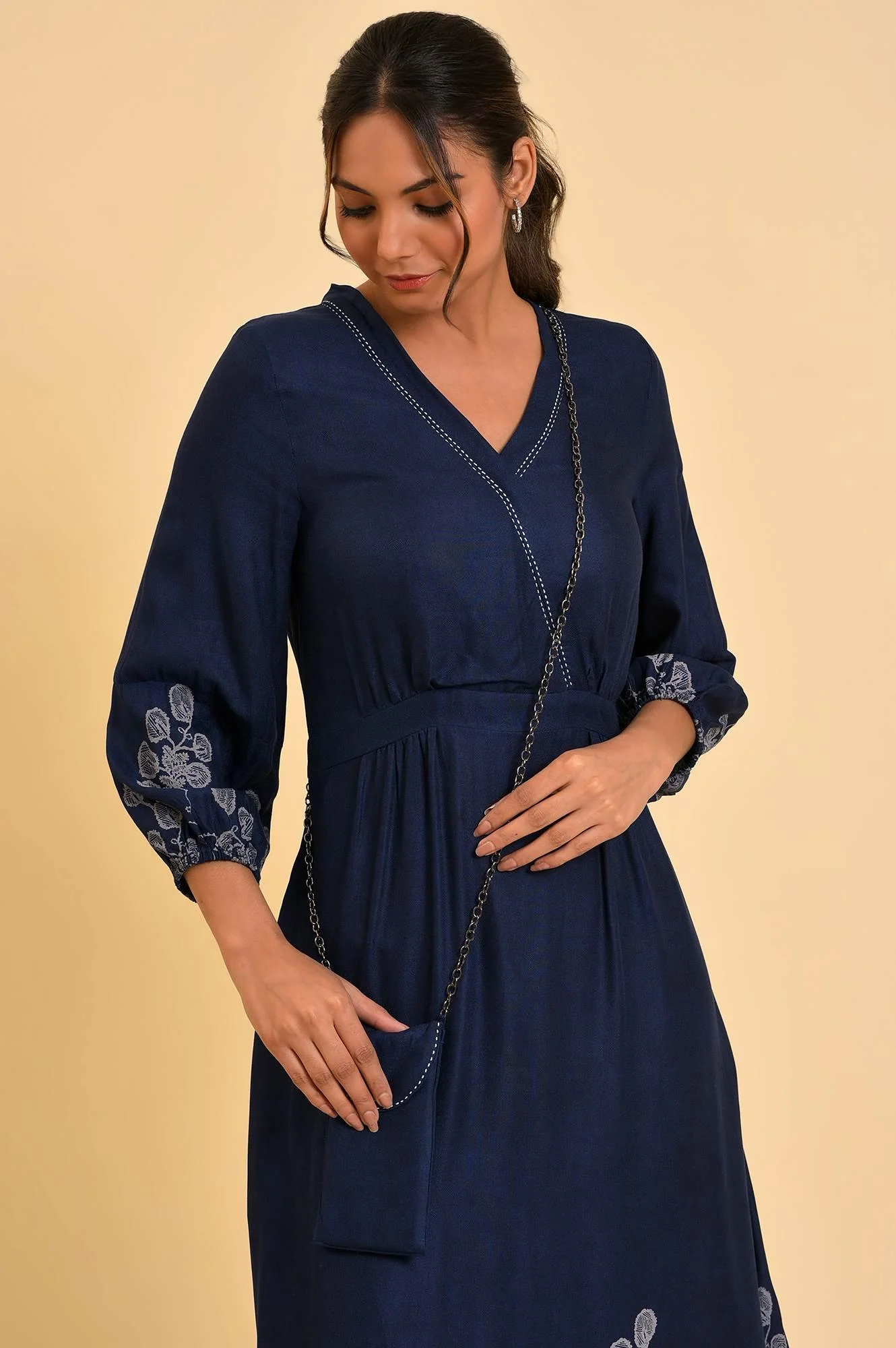 Blue Mock Layer Western Dress With Slim Bag - Image 5