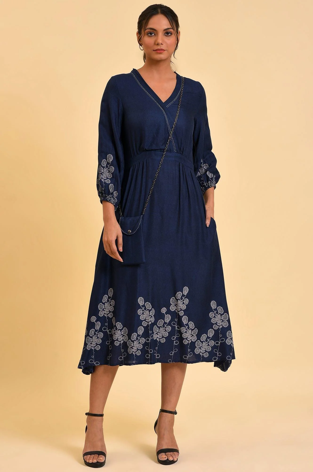 Blue Mock Layer Western Dress With Slim Bag - Image 6