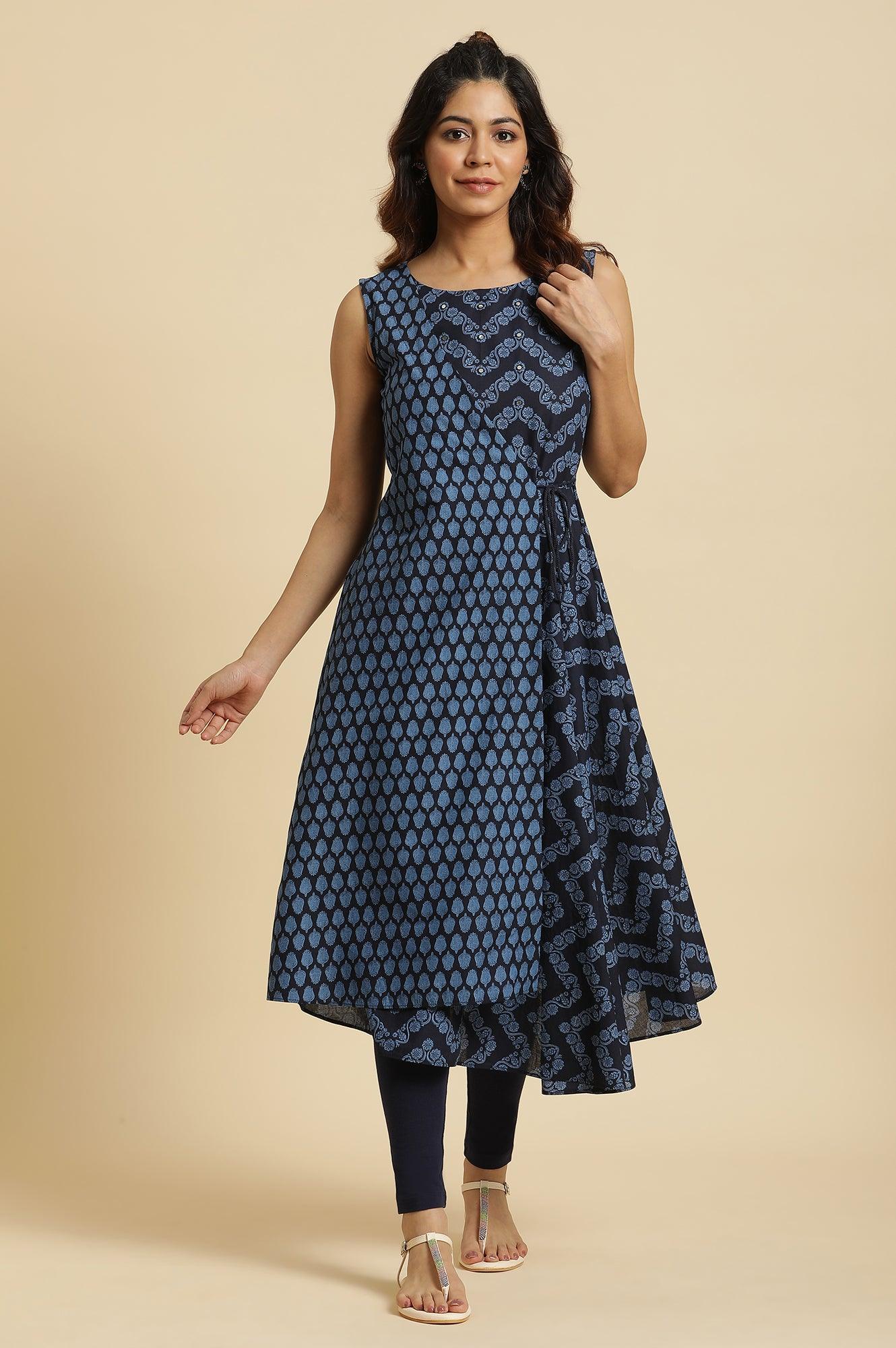 Blue Mock Wrap Print Mix Kurta - Image 2