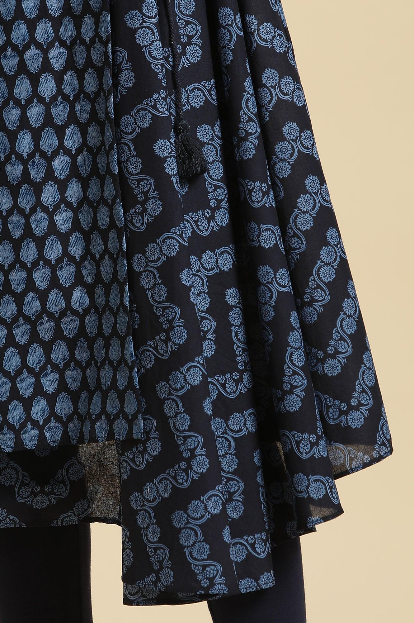Blue Mock Wrap Print Mix Kurta - Image 7