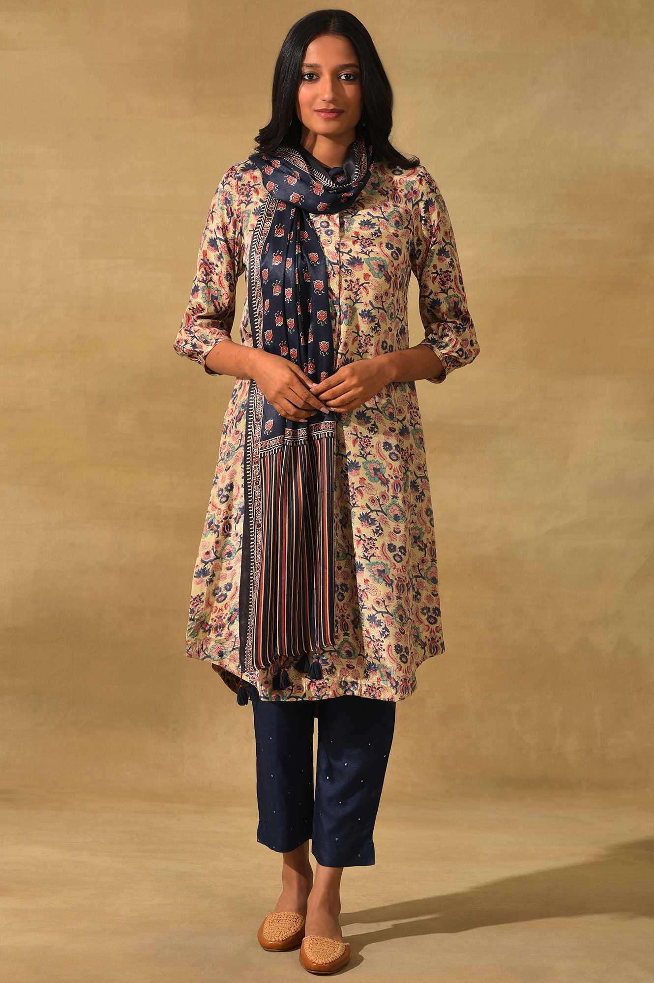 Blue Modal Satin Ajrakh Printed Drape - Image 2