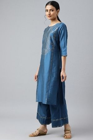Blue Mukaish Placement Print kurta with Parallel Pants - Image 2