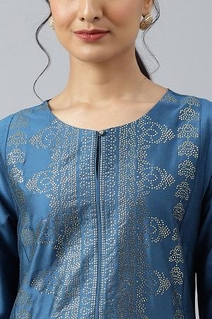 Blue Mukaish Placement Print kurta with Parallel Pants - Image 4