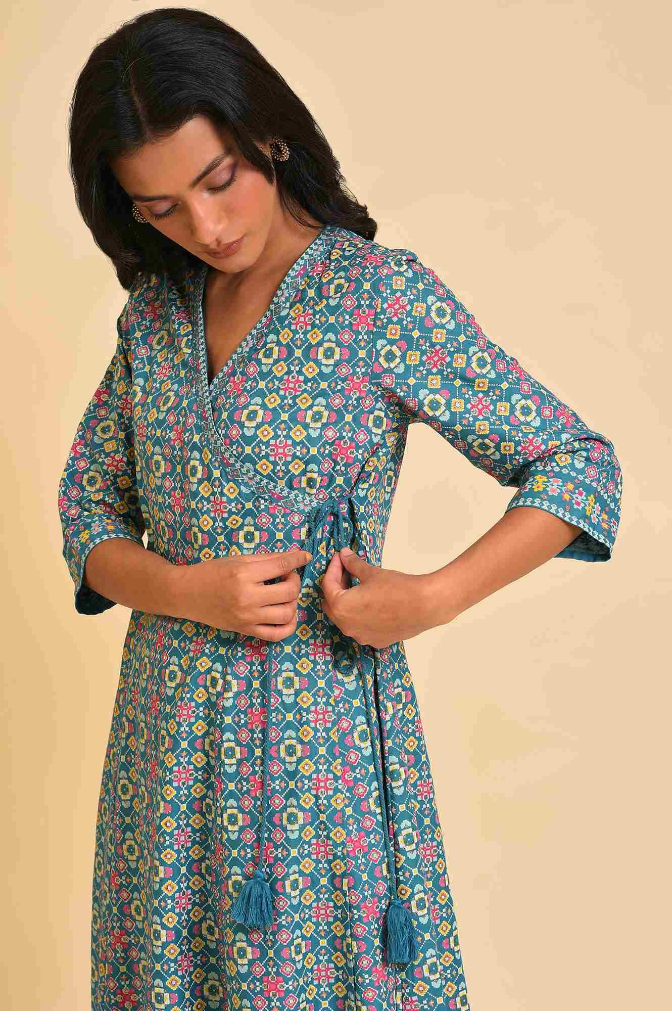 Blue Multicolor Printed Angrakha kurta Set - Image 5