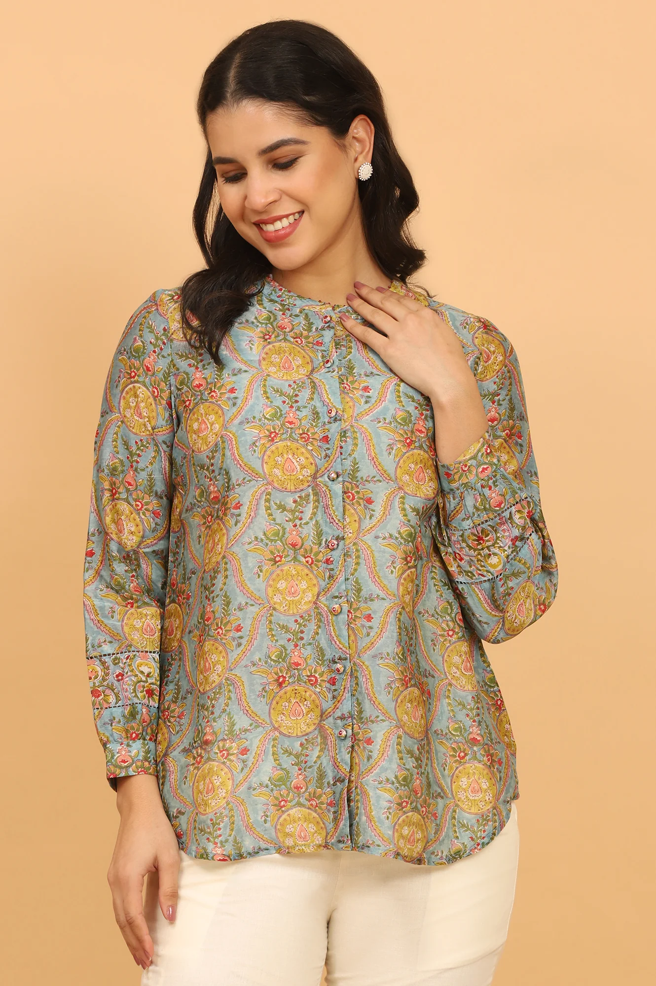 Blue Multicoloured Handblock Printed Shirt in Cotton Silk - Image 2