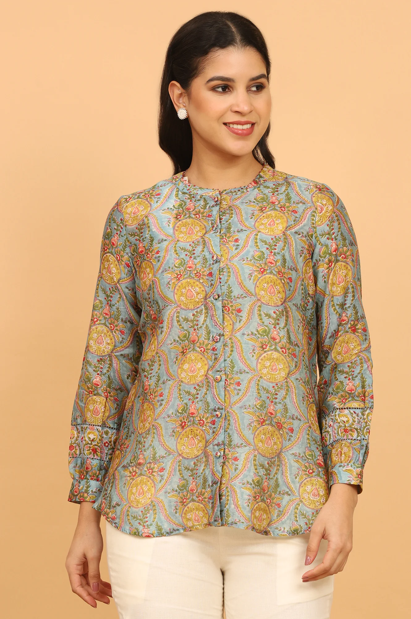 Blue Multicoloured Handblock Printed Shirt in Cotton Silk - Image 3