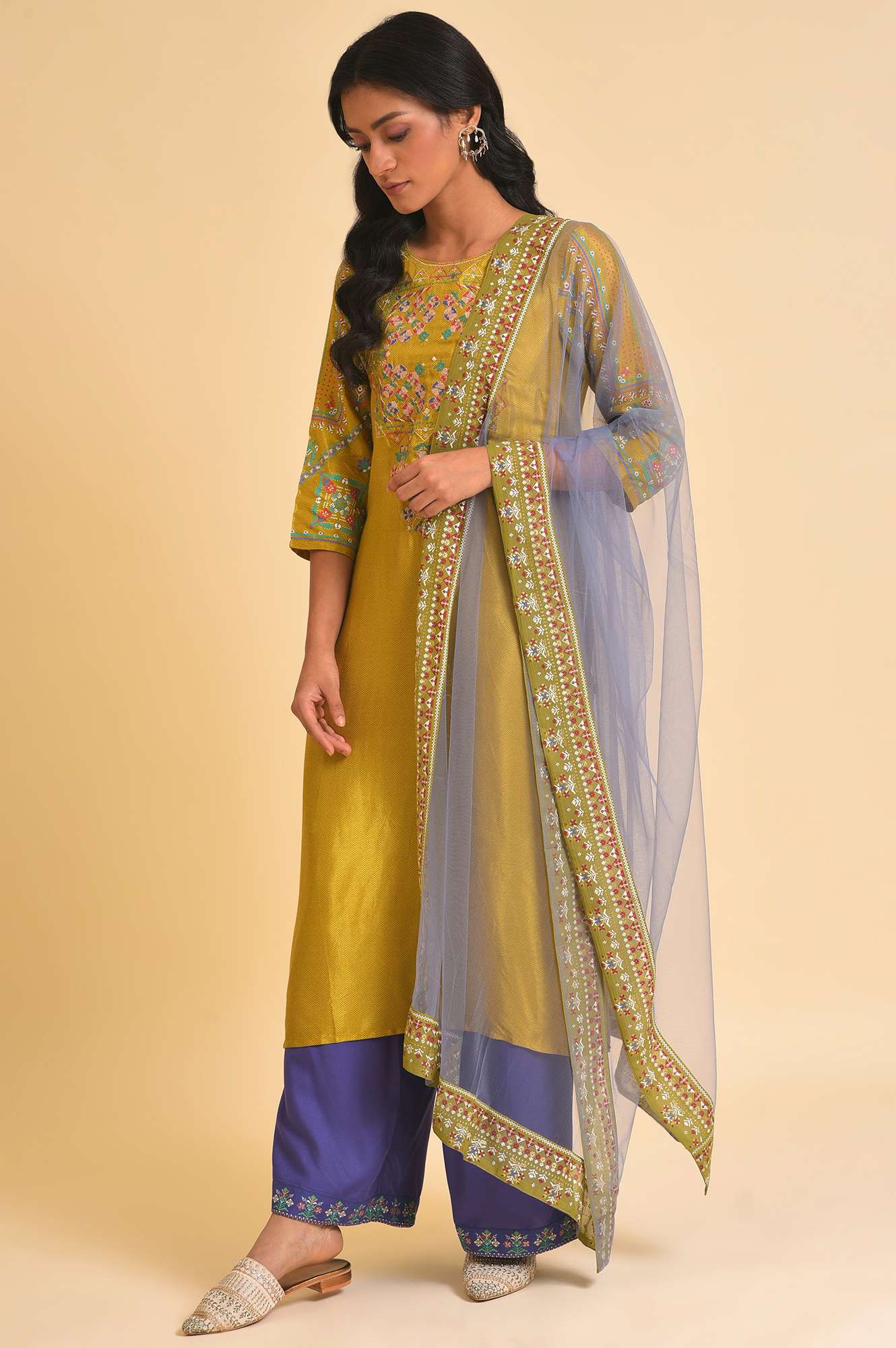 Blue Net Dupatta With Printed Border - Image 2