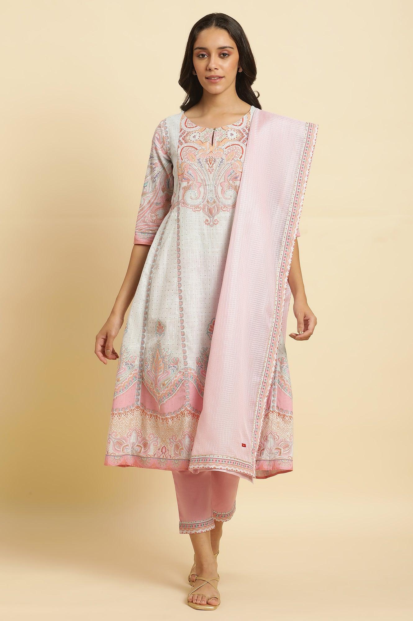 Blue Paisley Printed Anarkali Kurta, Pants & Dupatta Set - Image 2