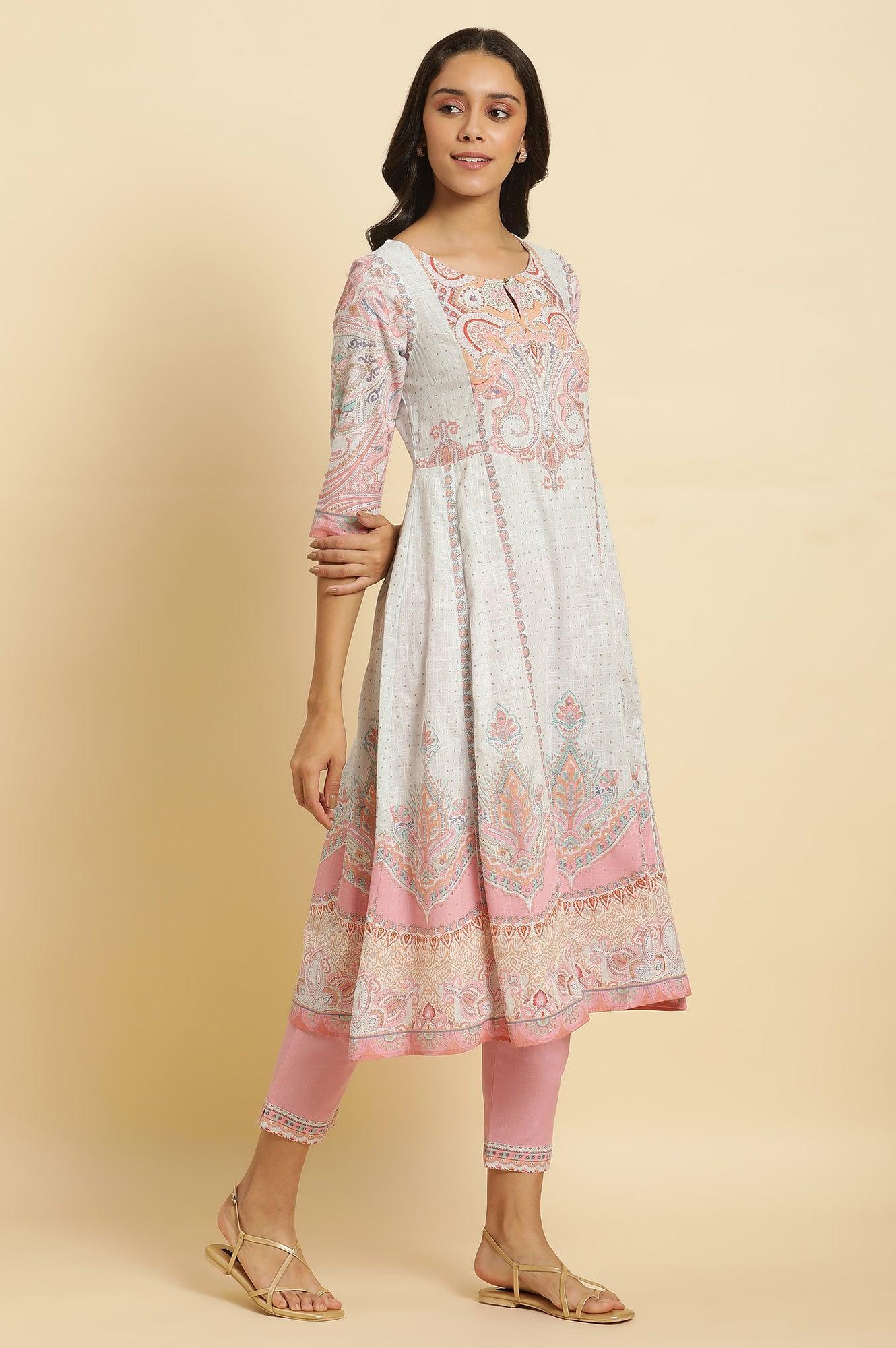 Blue Paisley Printed Anarkali Kurta, Pants & Dupatta Set - Image 3
