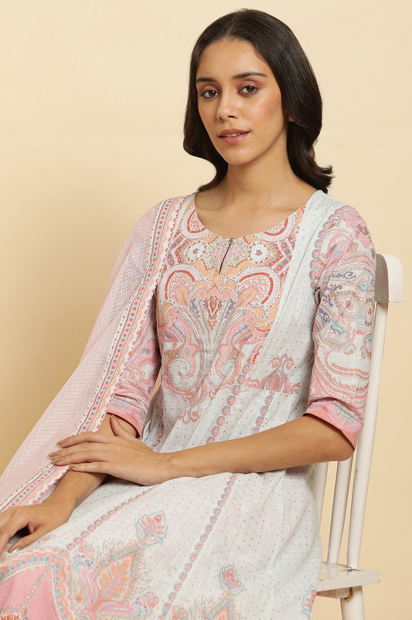 Blue Paisley Printed Anarkali Kurta, Pants & Dupatta Set - Image 6