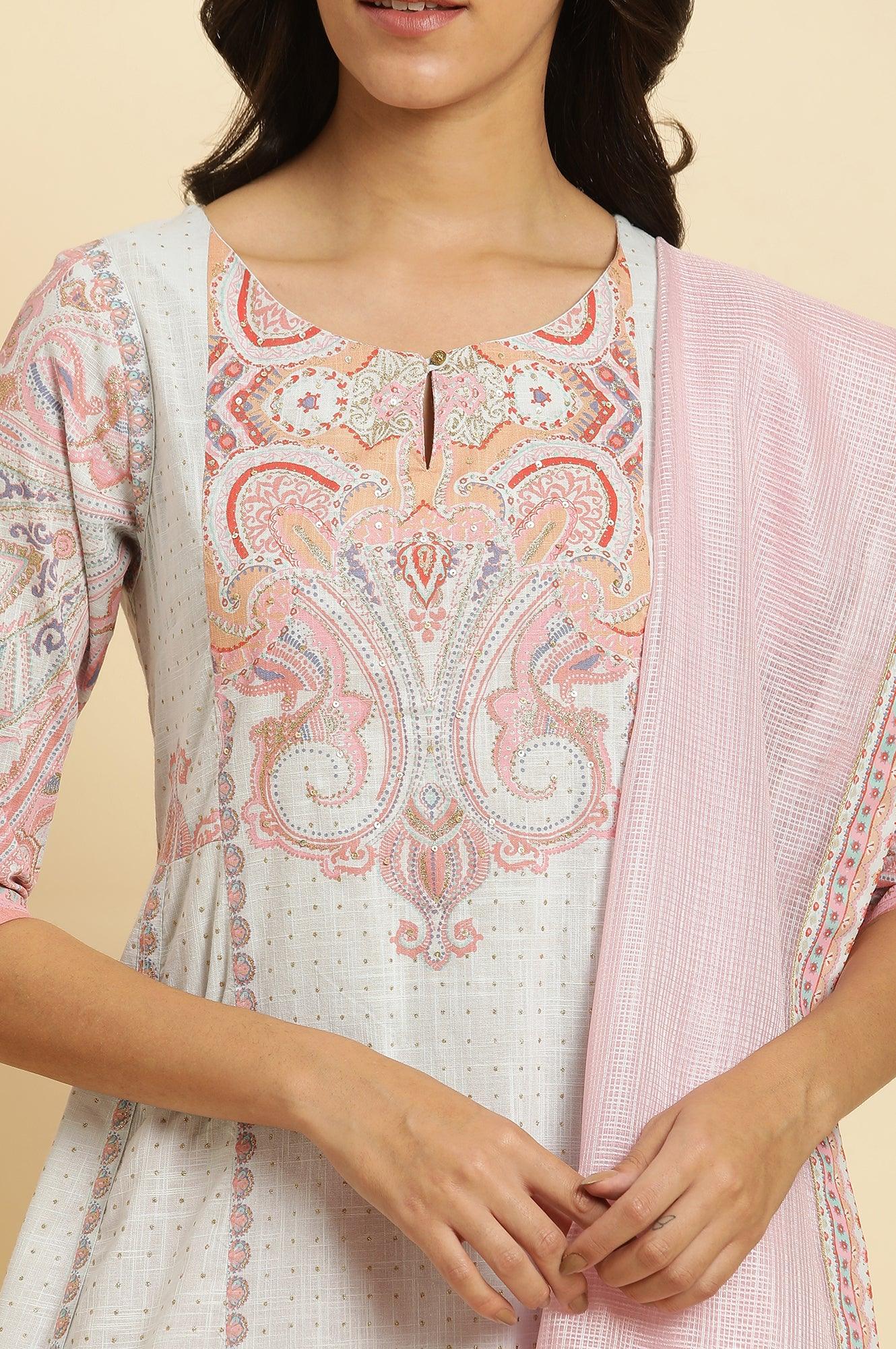 Blue Paisley Printed Anarkali Kurta, Pants & Dupatta Set - Image 7