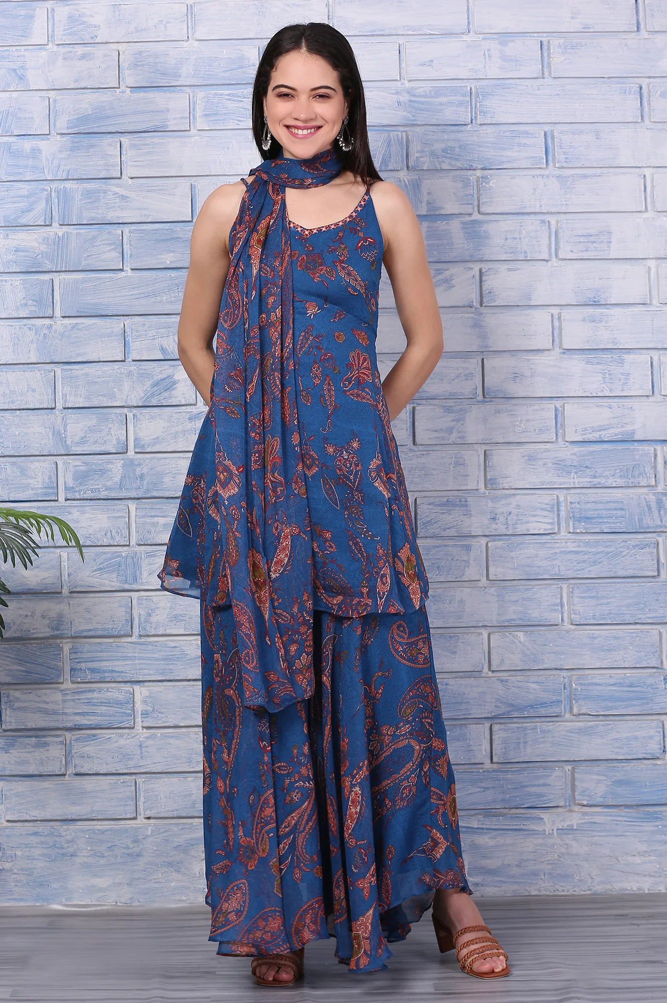 Blue Paisley Printed Chiffon Spaghetti Flared Short Kurta, Sharara and Dupatta Set - Image 2