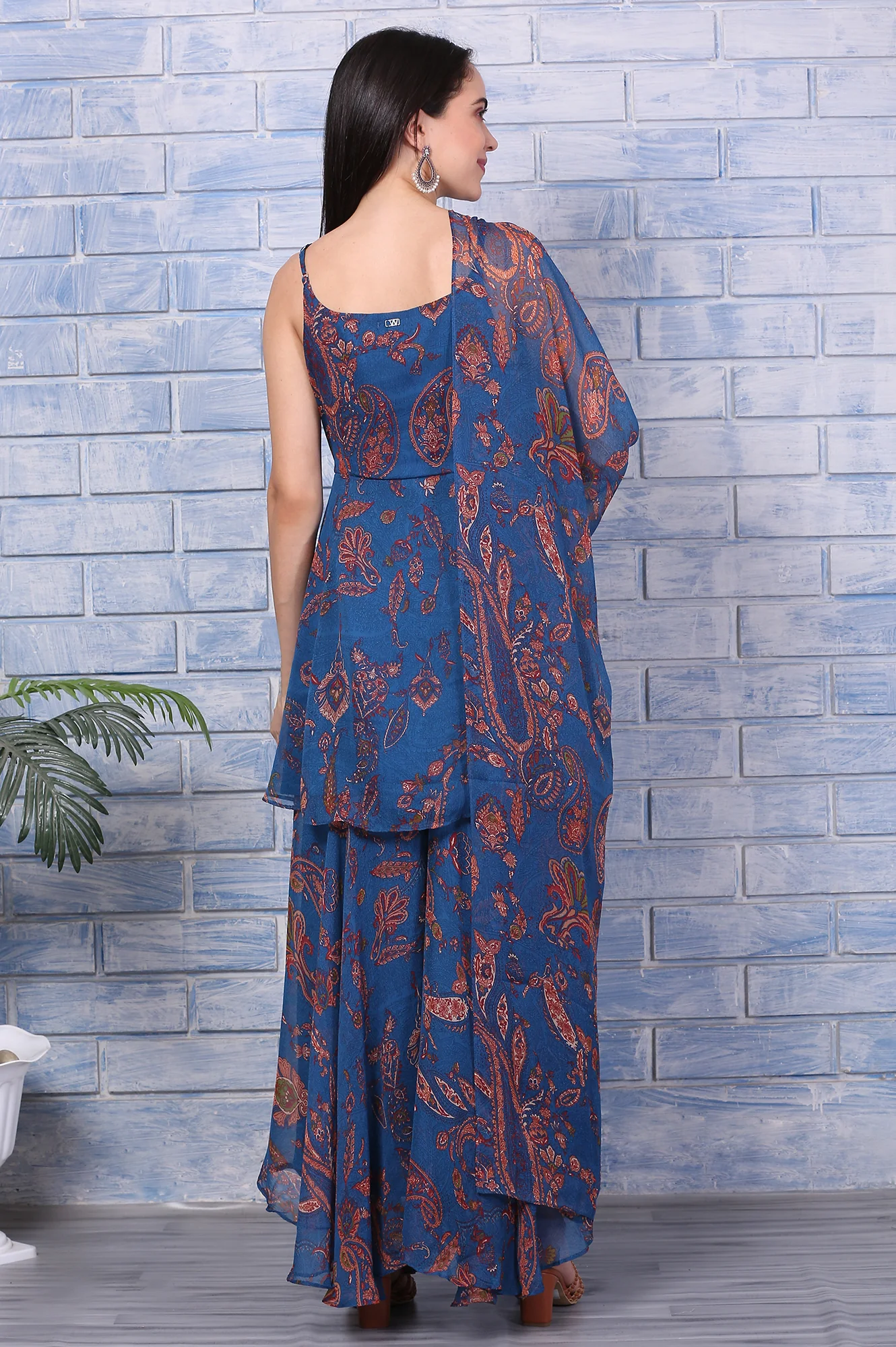 Blue Paisley Printed Chiffon Spaghetti Flared Short Kurta, Sharara and Dupatta Set - Image 5