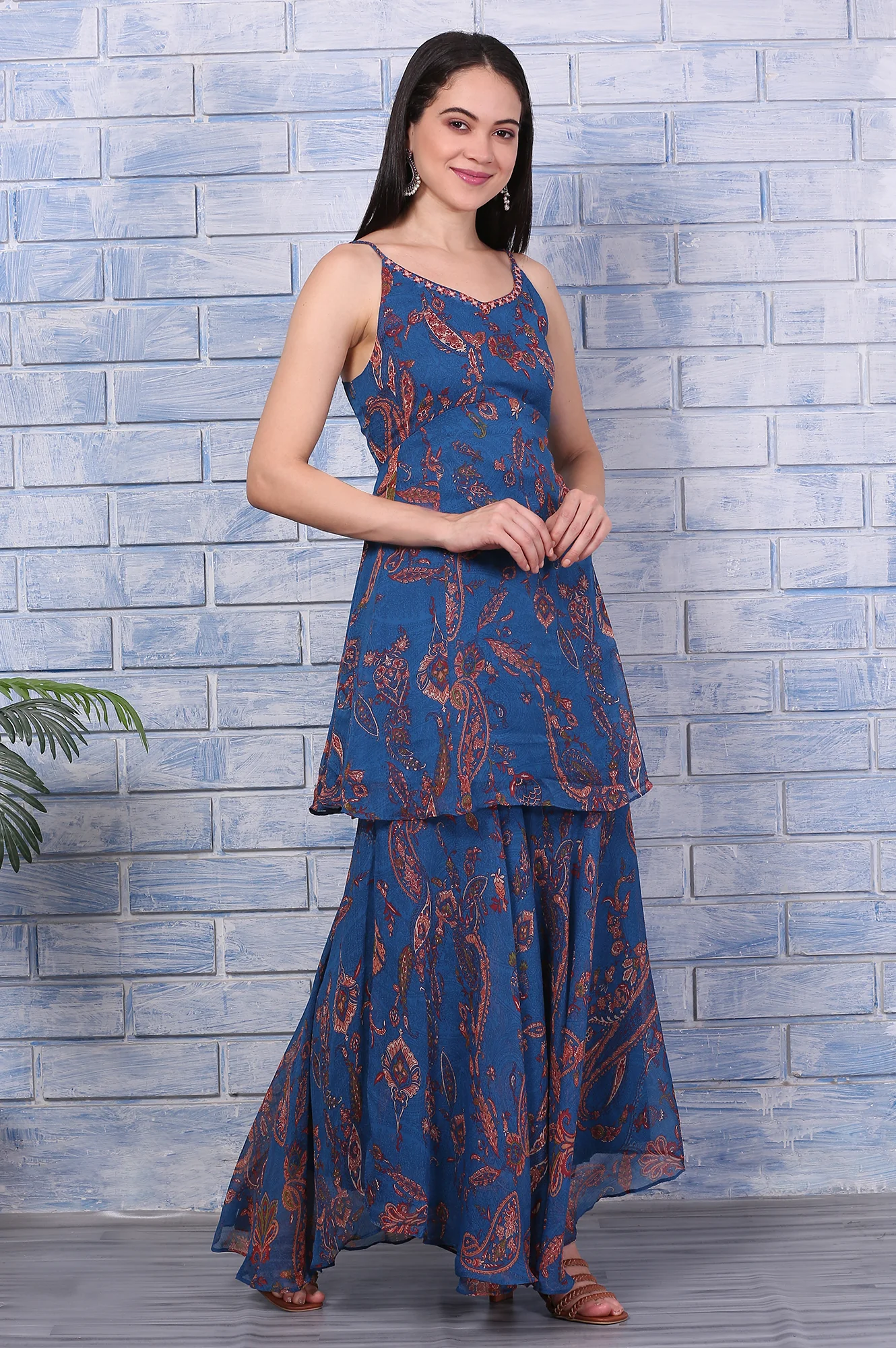 Blue Paisley Printed Chiffon Spaghetti Flared Short Kurta, Sharara and Dupatta Set - Image 6
