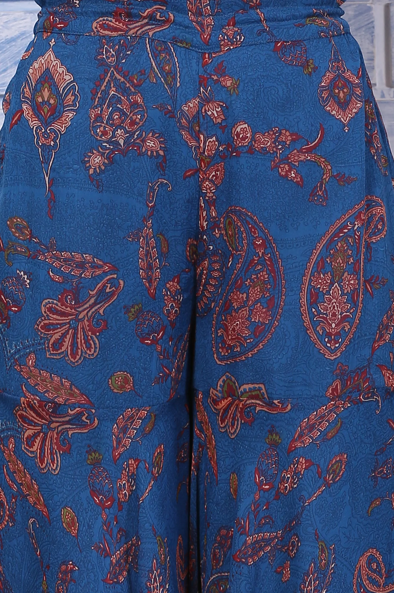 Blue Paisley Printed Chiffon Spaghetti Flared Short Kurta, Sharara and Dupatta Set - Image 7