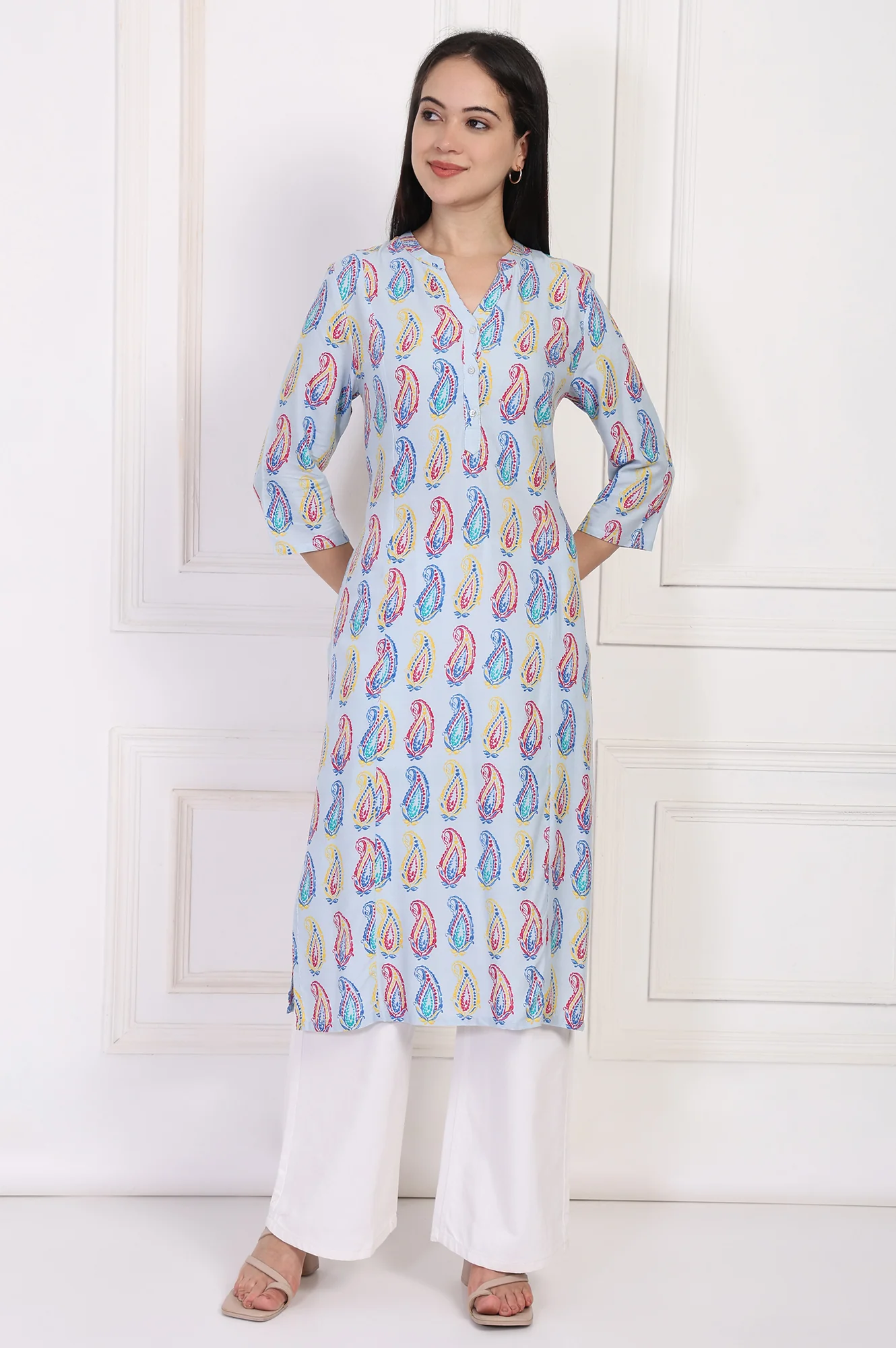 Blue Paisley Printed Straight Rayon Kurta - Image 2