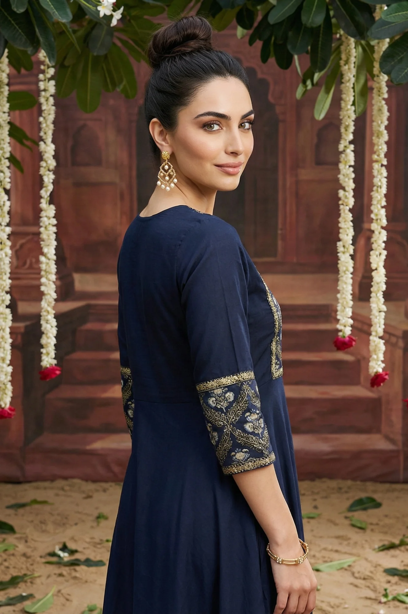 Blue Panelled Embroidered Festive Flared Dress - Image 5